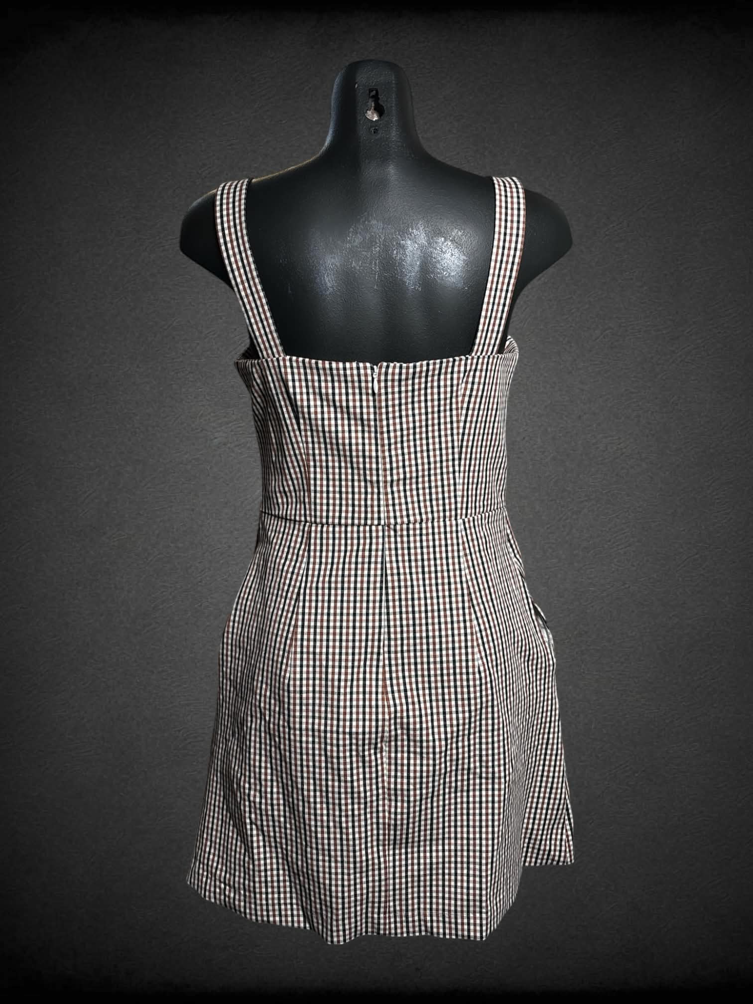 S A New Day NWT white dress with black & brown gingham pattern, and pockets