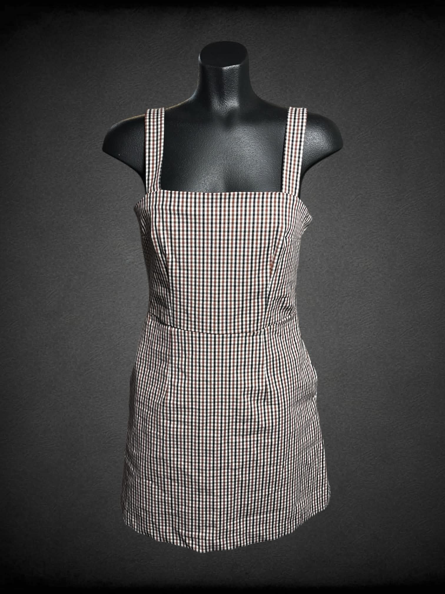 S A New Day NWT white dress with black & brown gingham pattern, and pockets