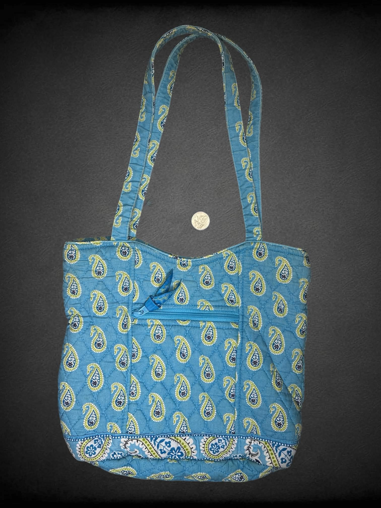 Vera Bradley blue cloth shoulder bag with green paisley design, and zipper pocket on front
