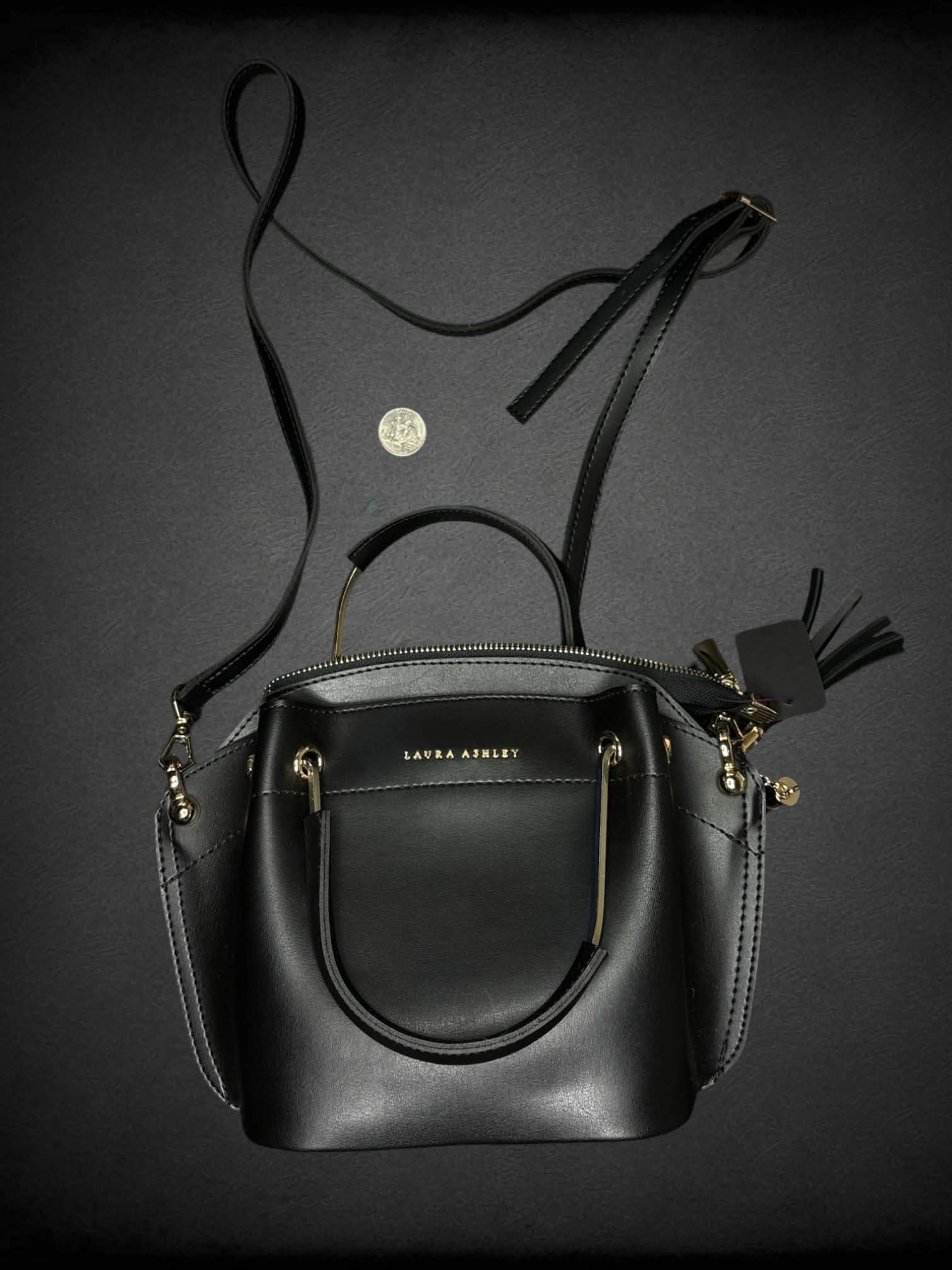 Laura Ashley black leather shoulder bag with zipper pocket