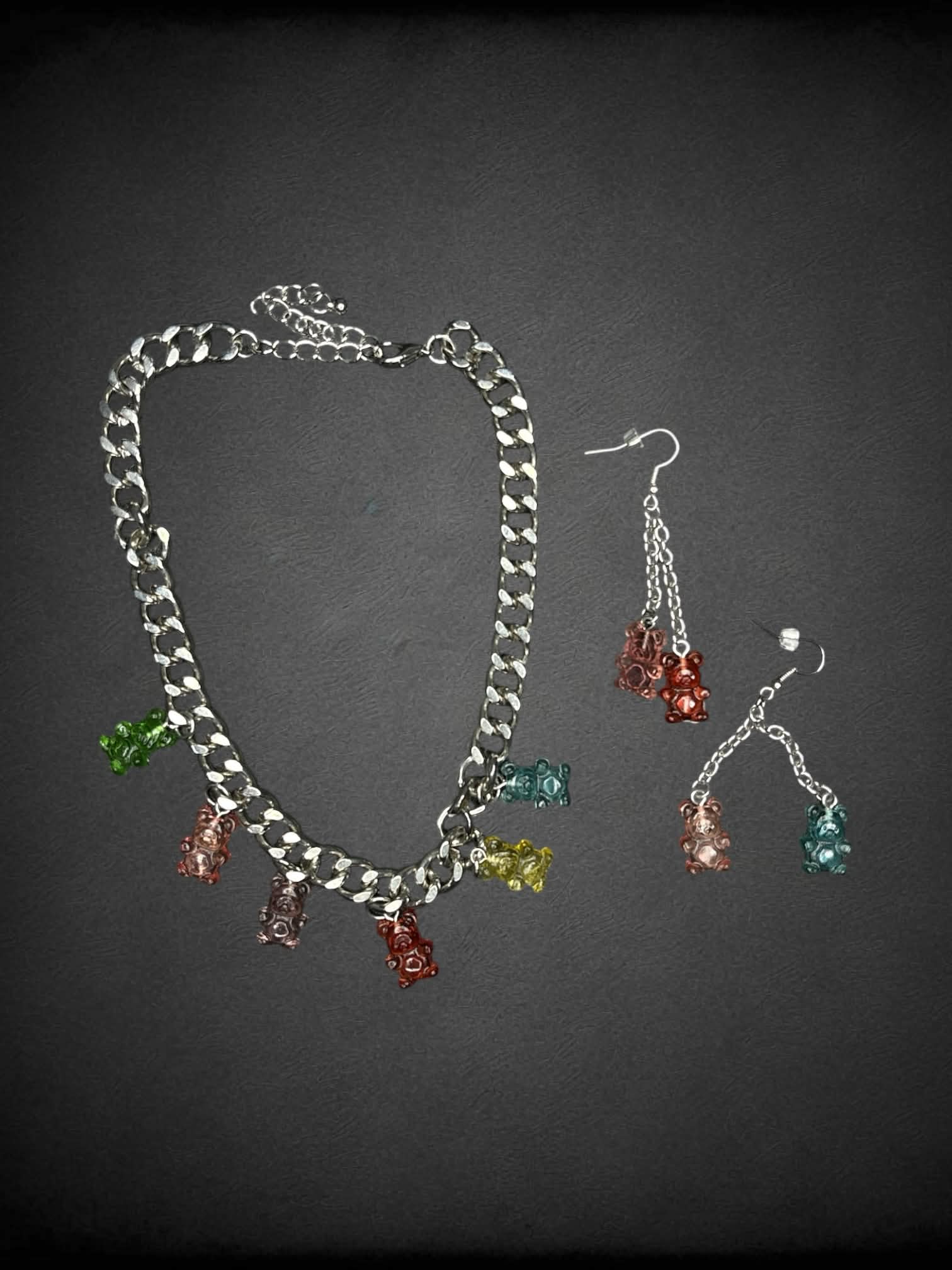 Gummy bear jewelry set with silver chain choker, and dangle earrings