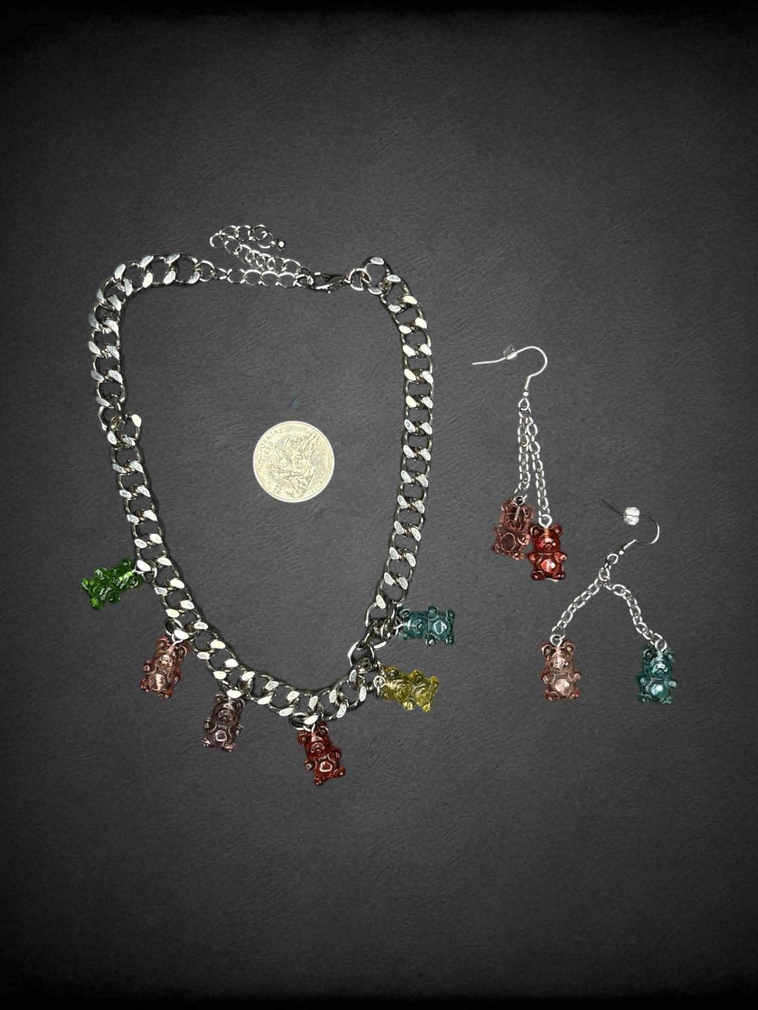Gummy bear jewelry set with silver chain choker, and dangle earrings