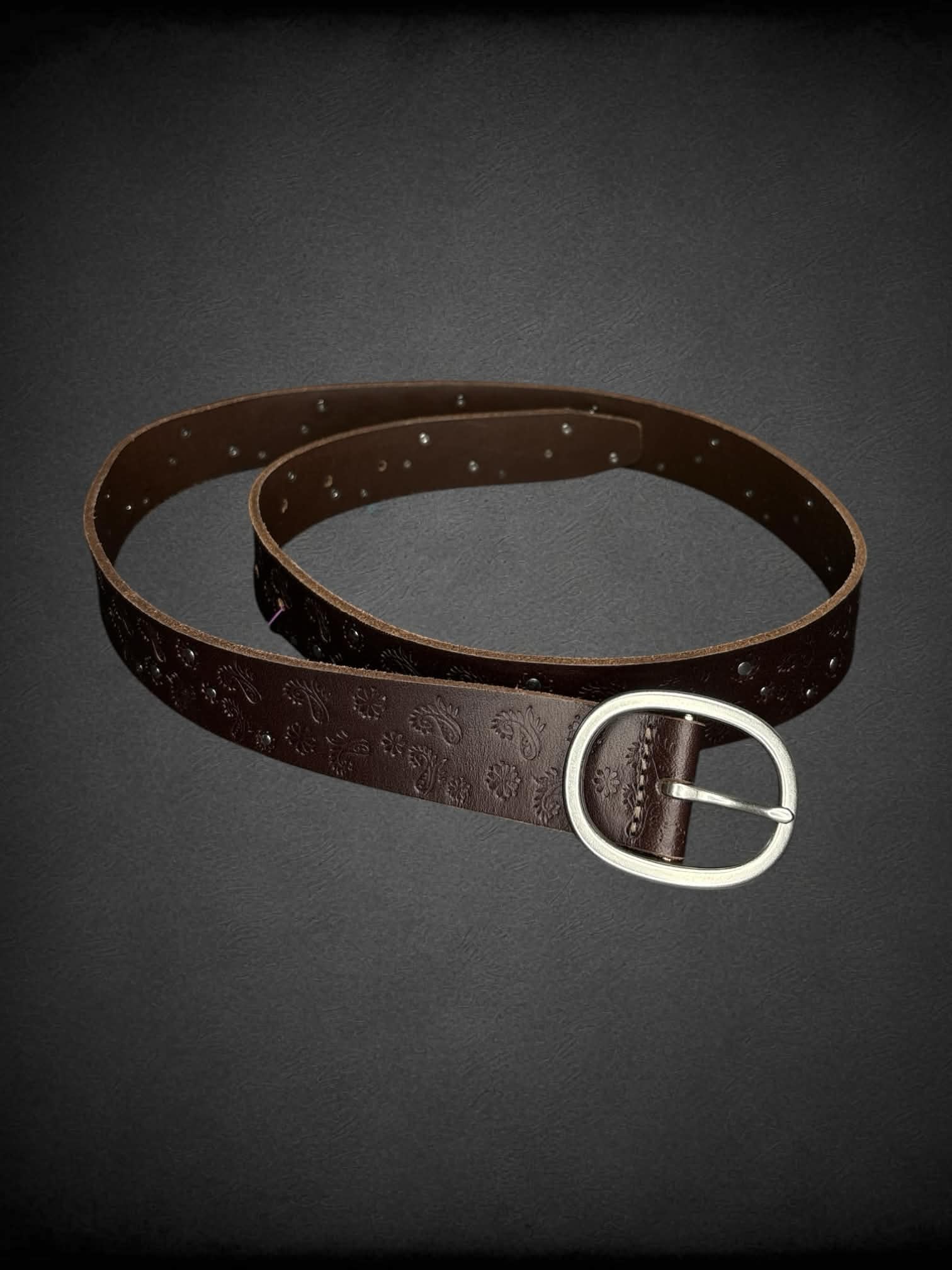 XL Lucky Brand brown leather belt with paisley and metal bead pattern