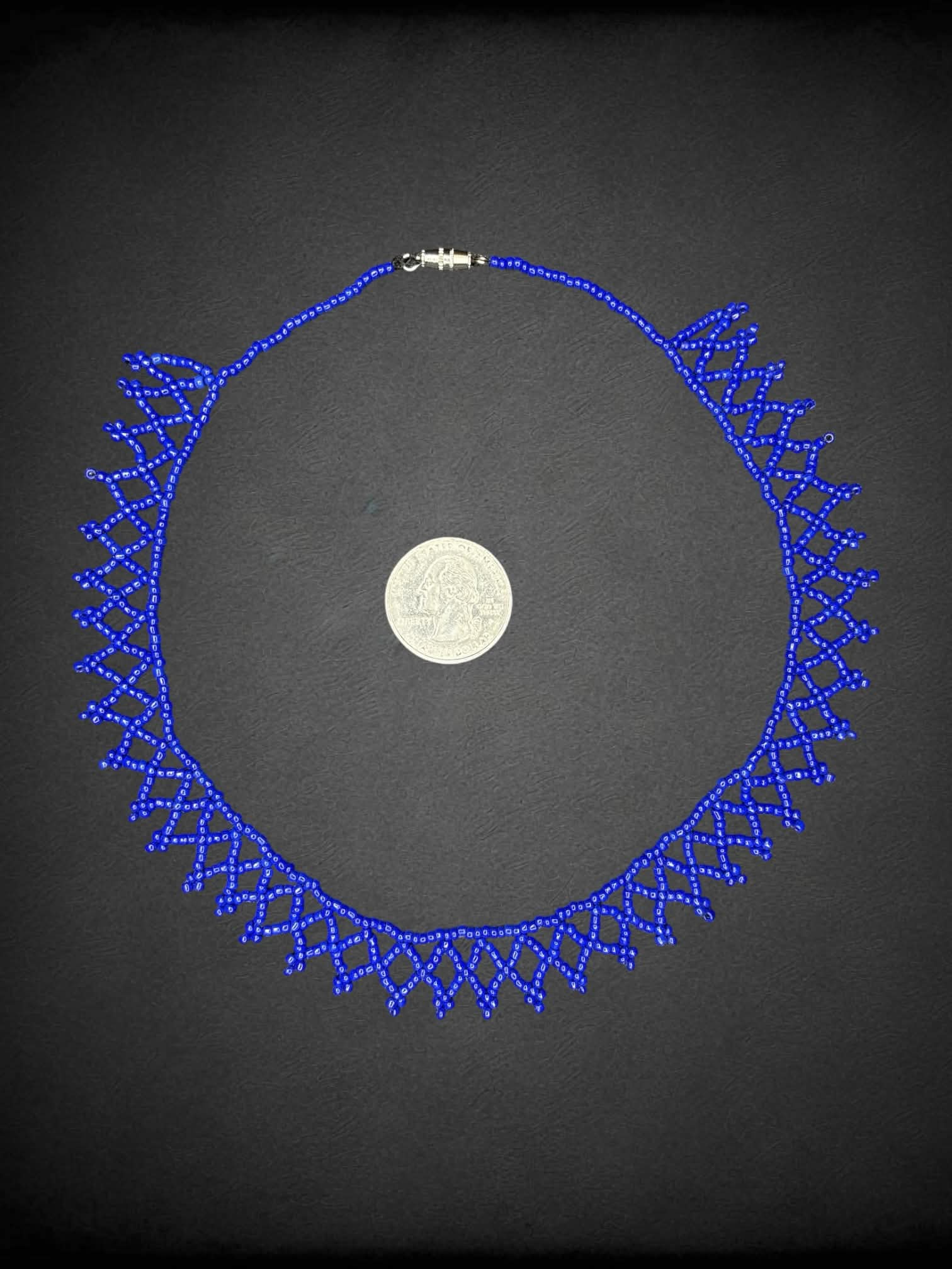 Blue beaded choker with diamond pattern