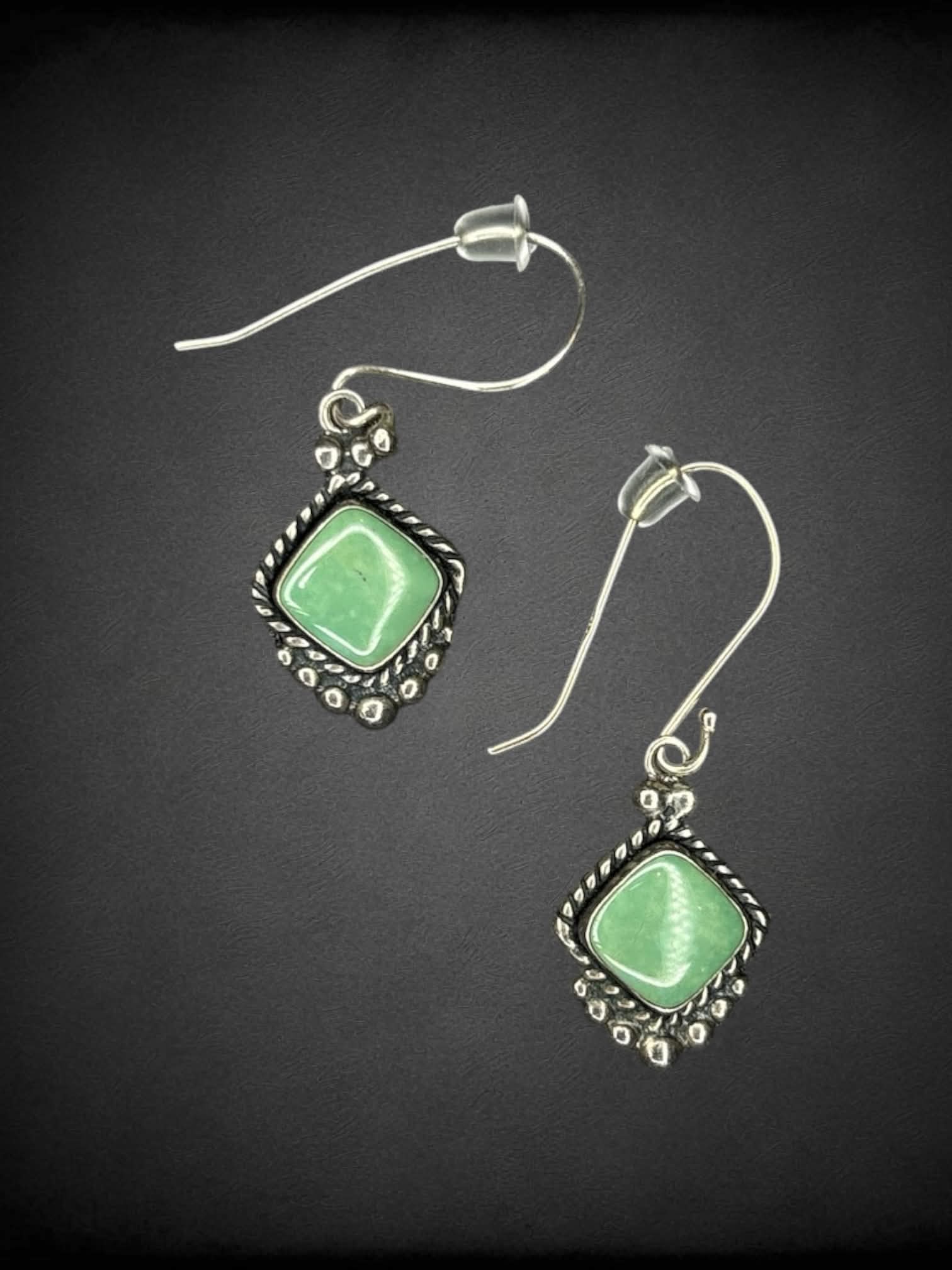 925 Sterling Silver earrings with green diamond-shaped charm