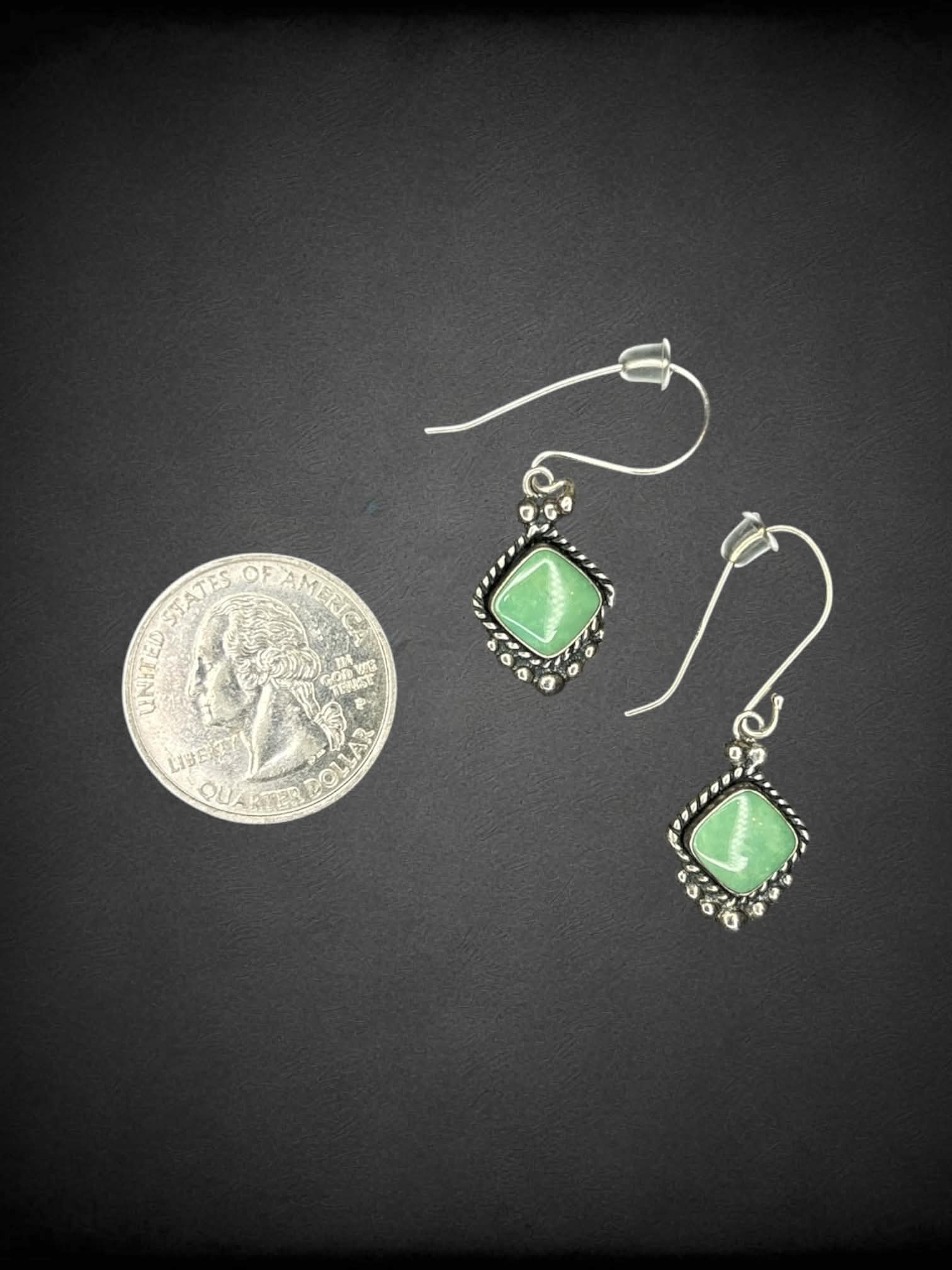 925 Sterling Silver earrings with green diamond-shaped charm
