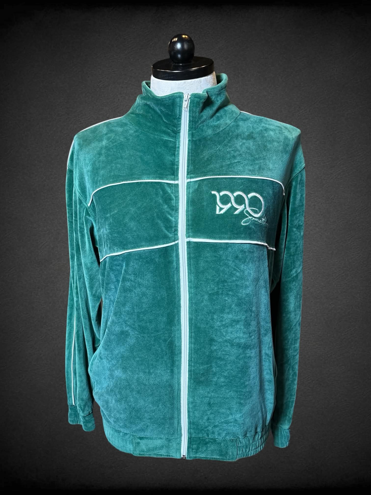 XL 1990 Something soft green track jacket with embroidered “1990 Something” writing on front & back