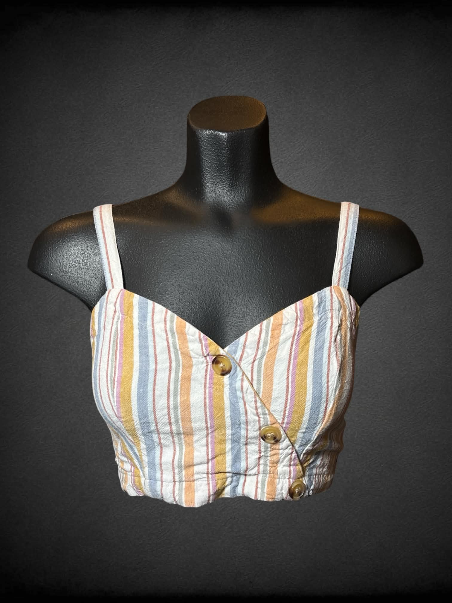 S Aeropostal white crop top with colorful stripes and asymmetrical cut on front