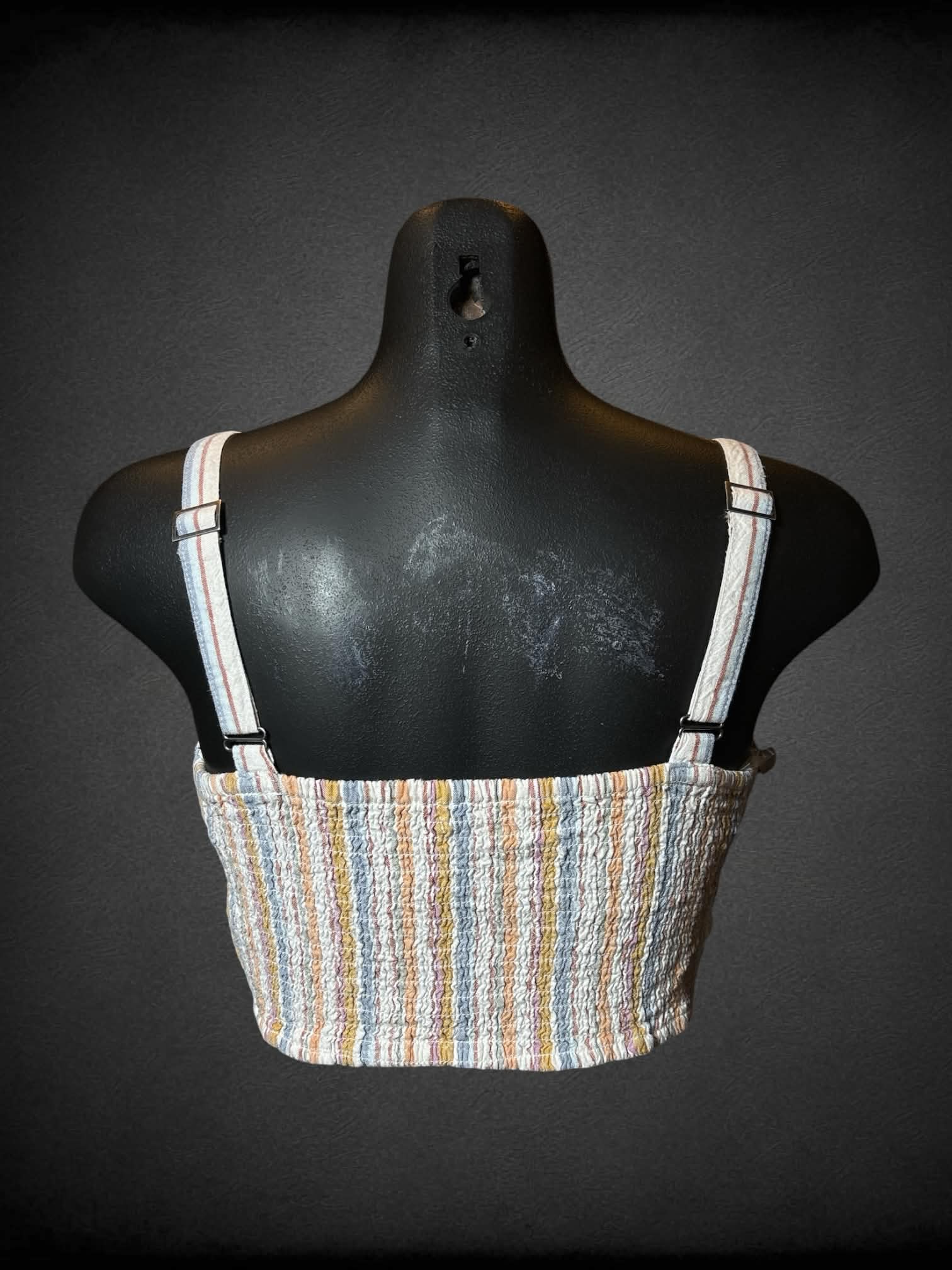 S Aeropostal white crop top with colorful stripes and asymmetrical cut on front