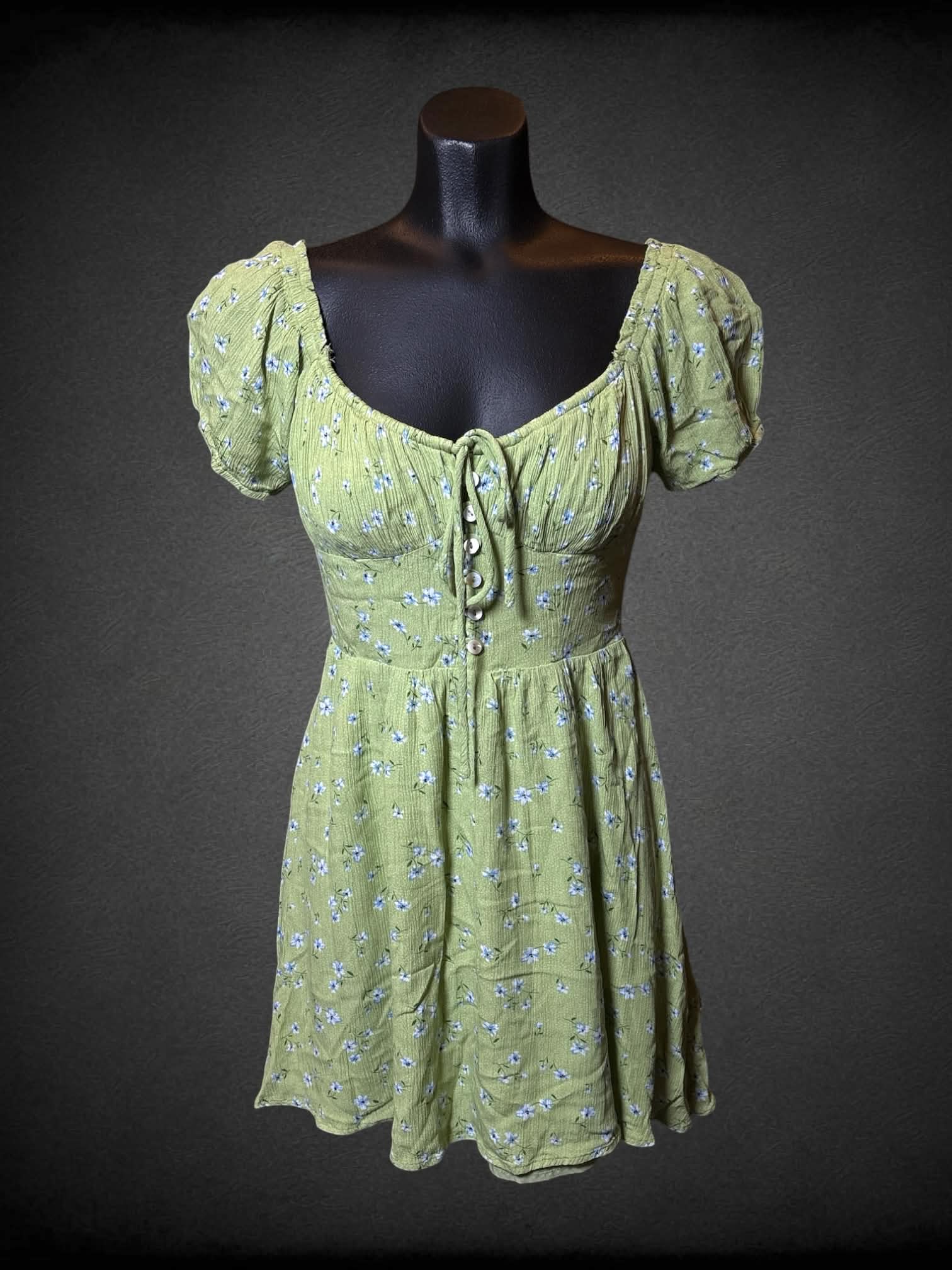 S Sadie & Sage green cottage dress with blue floral pattern, buttons on front and shirred back