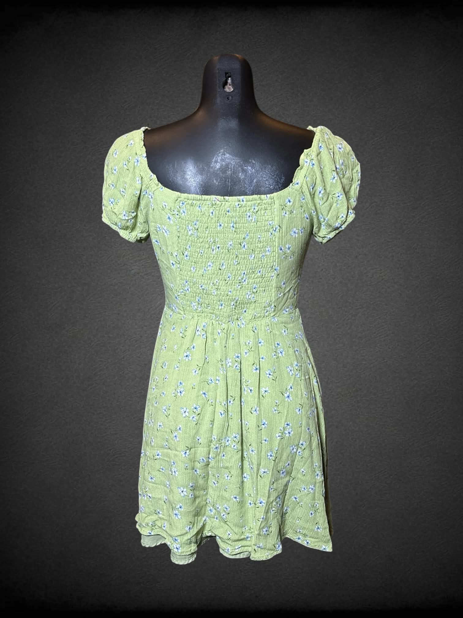 S Sadie & Sage green cottage dress with blue floral pattern, buttons on front and shirred back