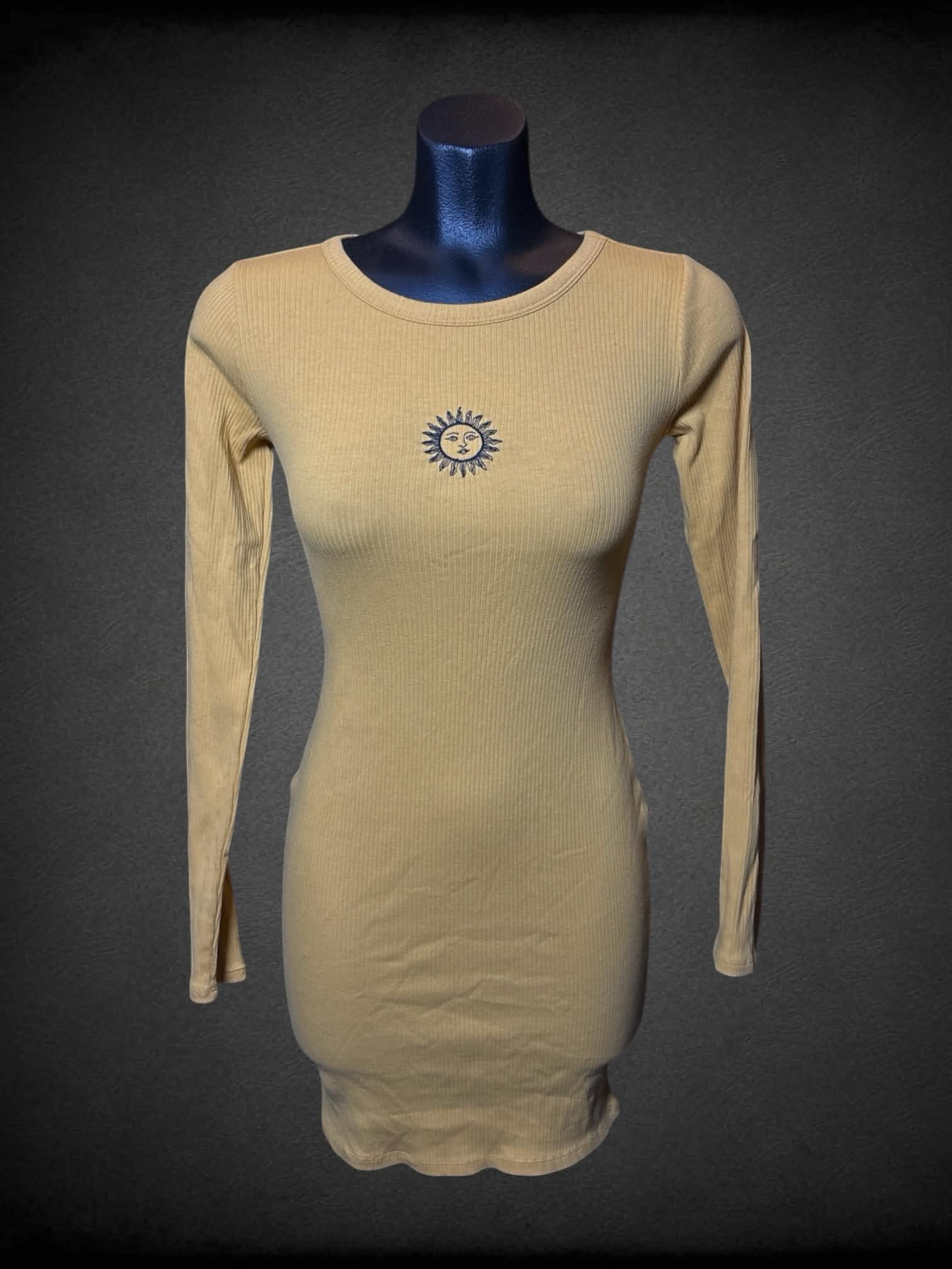 S Wild Fable yellow long-sleeve ribbed dress with embroidered sun graphic on front