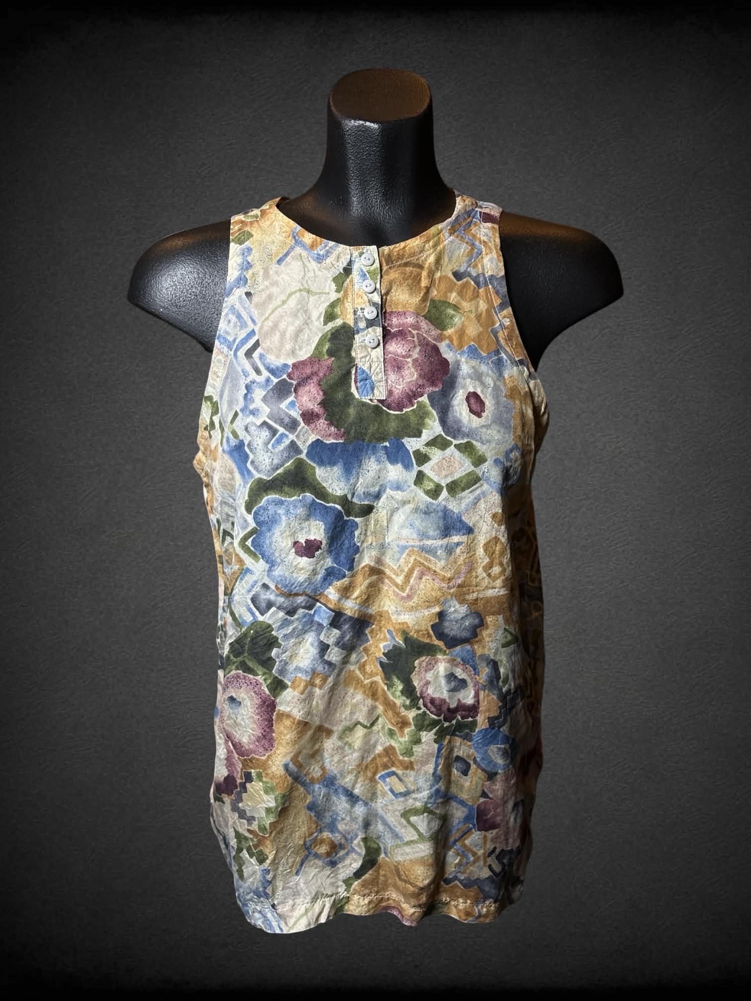 M The Limited vintage colorful silk top with floral pattern, and buttons on front