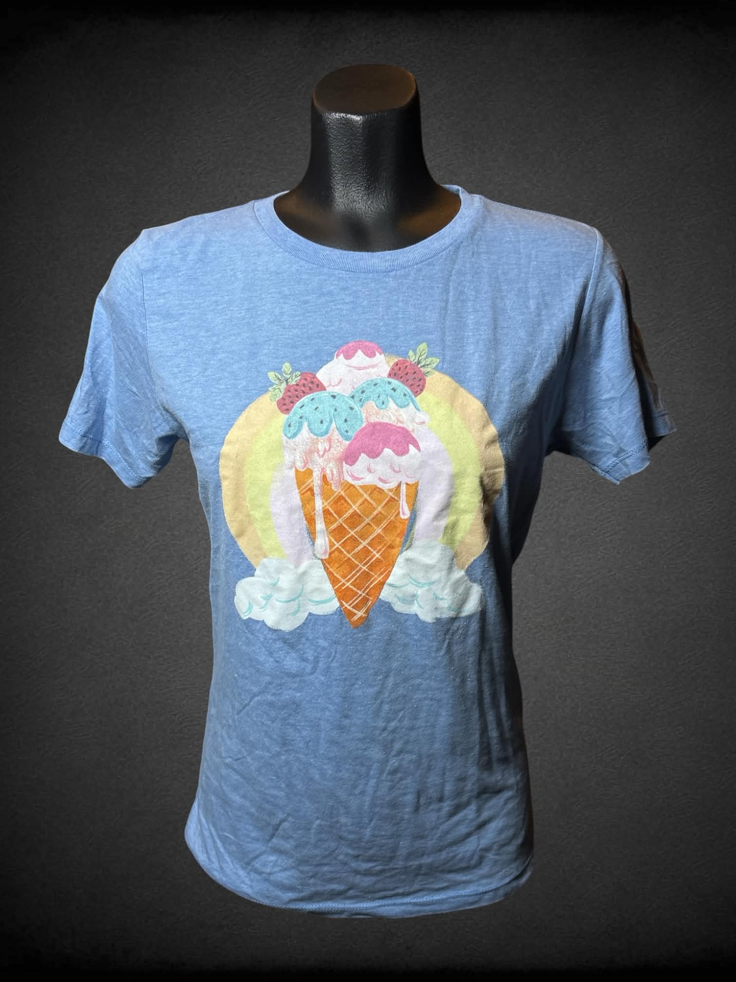 M Liberty + Valor light blue t shirt with ice cream graphic on front