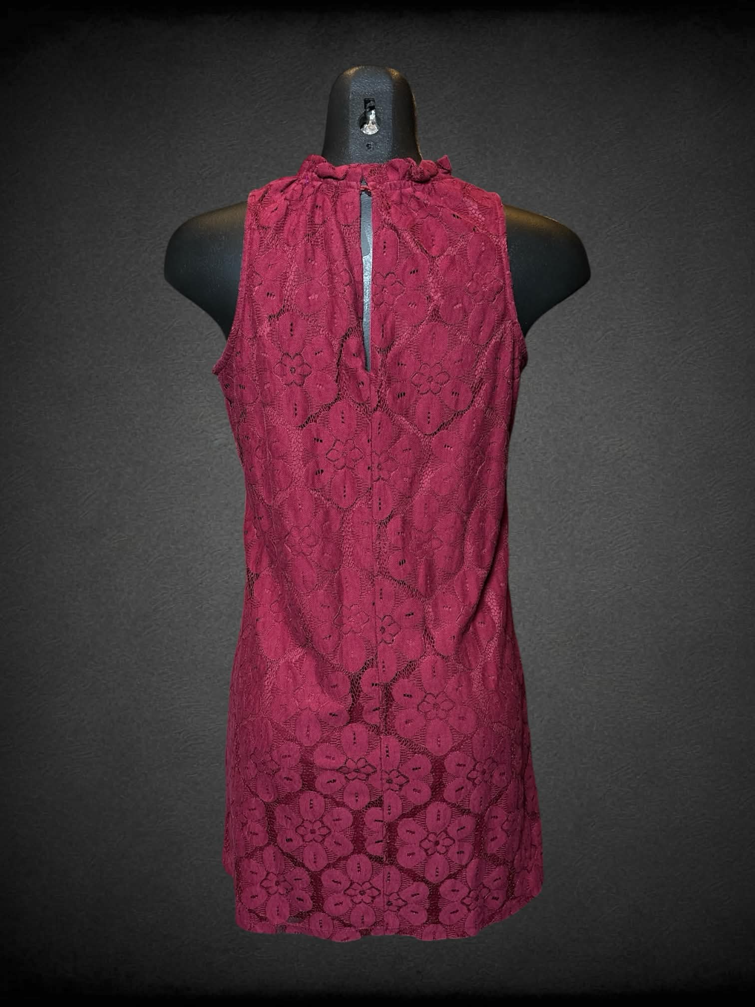 M maroon dress with lace floral layer and button on back