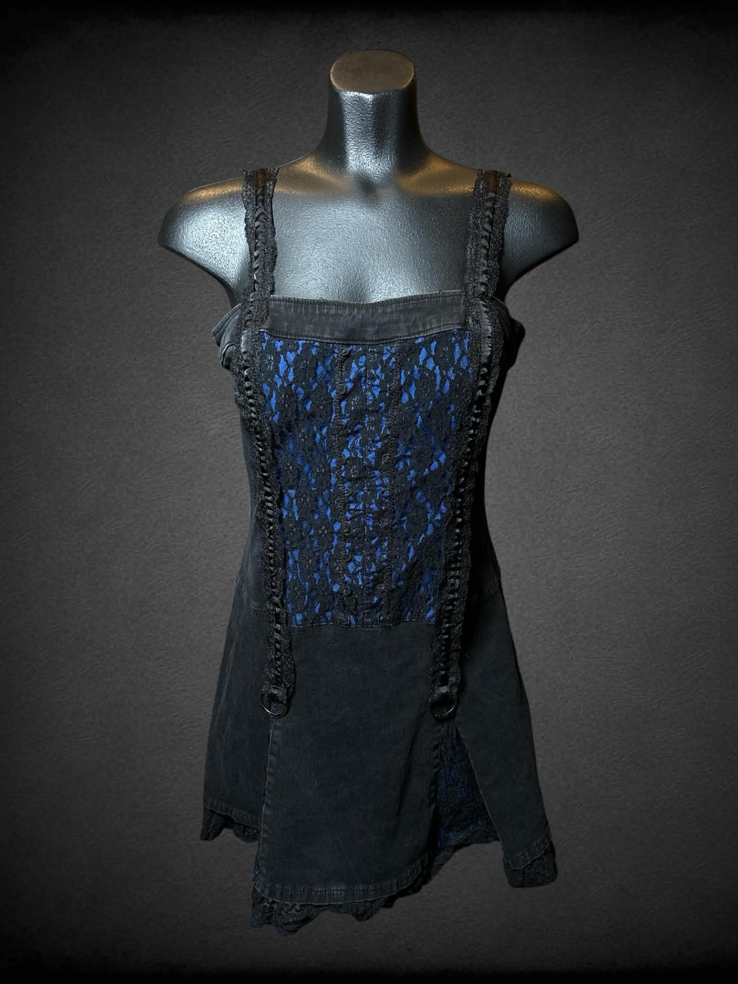 M Tripp NYC black denim dress with blue lace pattern on front, adjustable straps and zipper on bac