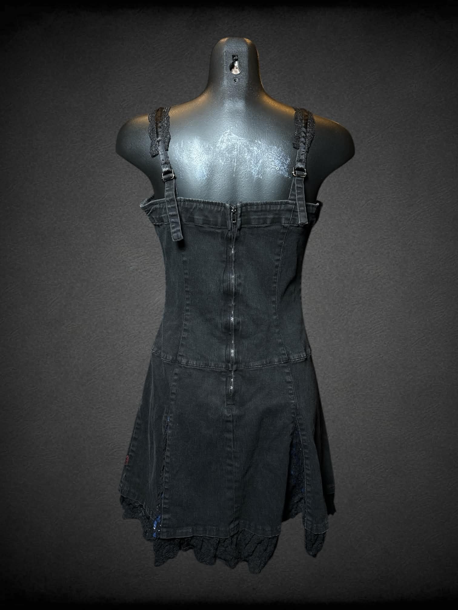 M Tripp NYC black denim dress with blue lace pattern on front, adjustable straps and zipper on bac