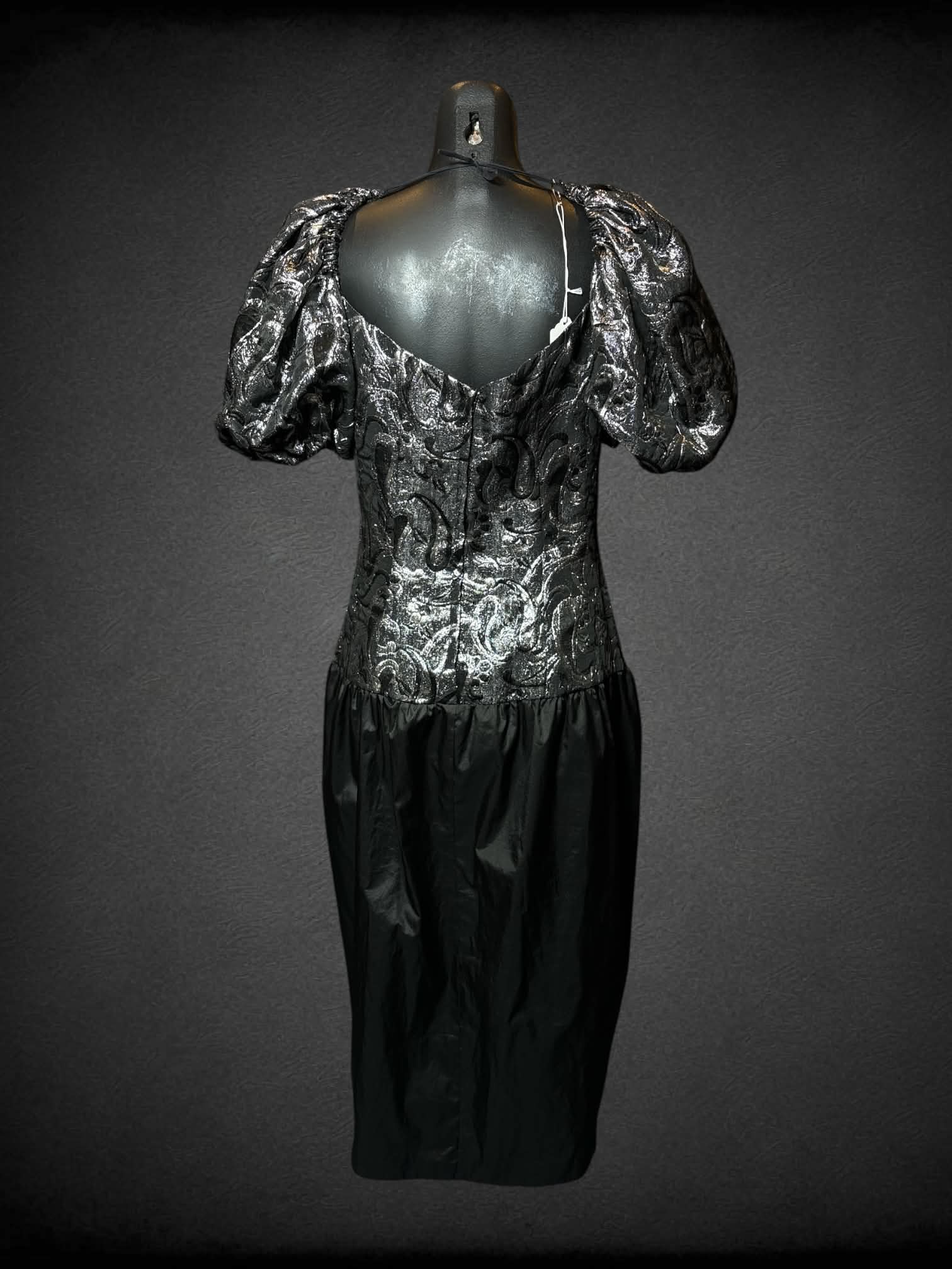 M Benée vintage black dress with shiny silver paisley pattern and puff sleeves