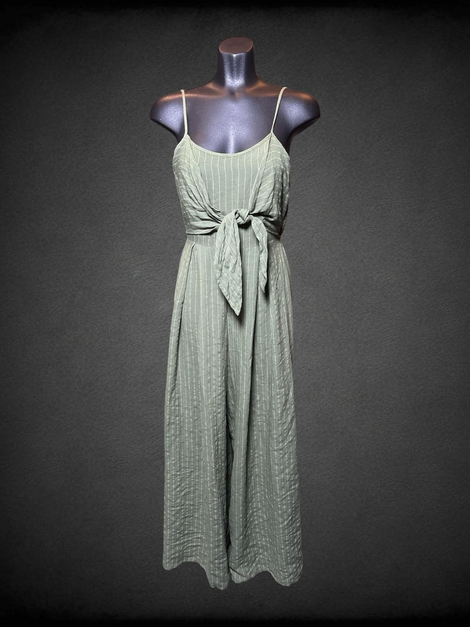 M Flying Tomato green striped jumpsuit with cutout on back, adjustable straps and decorative tie on front