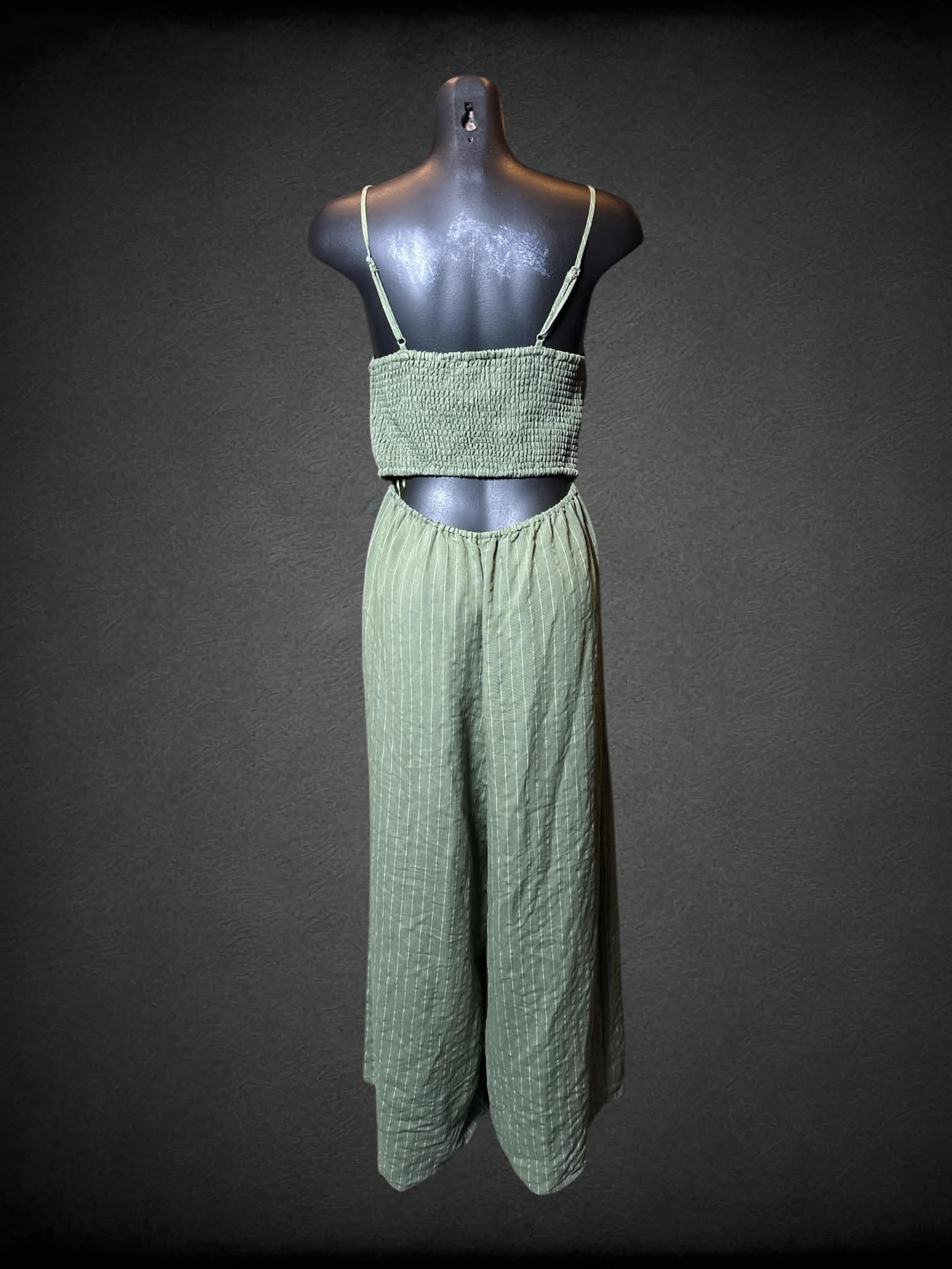 M Flying Tomato green striped jumpsuit with cutout on back, adjustable straps and decorative tie on front