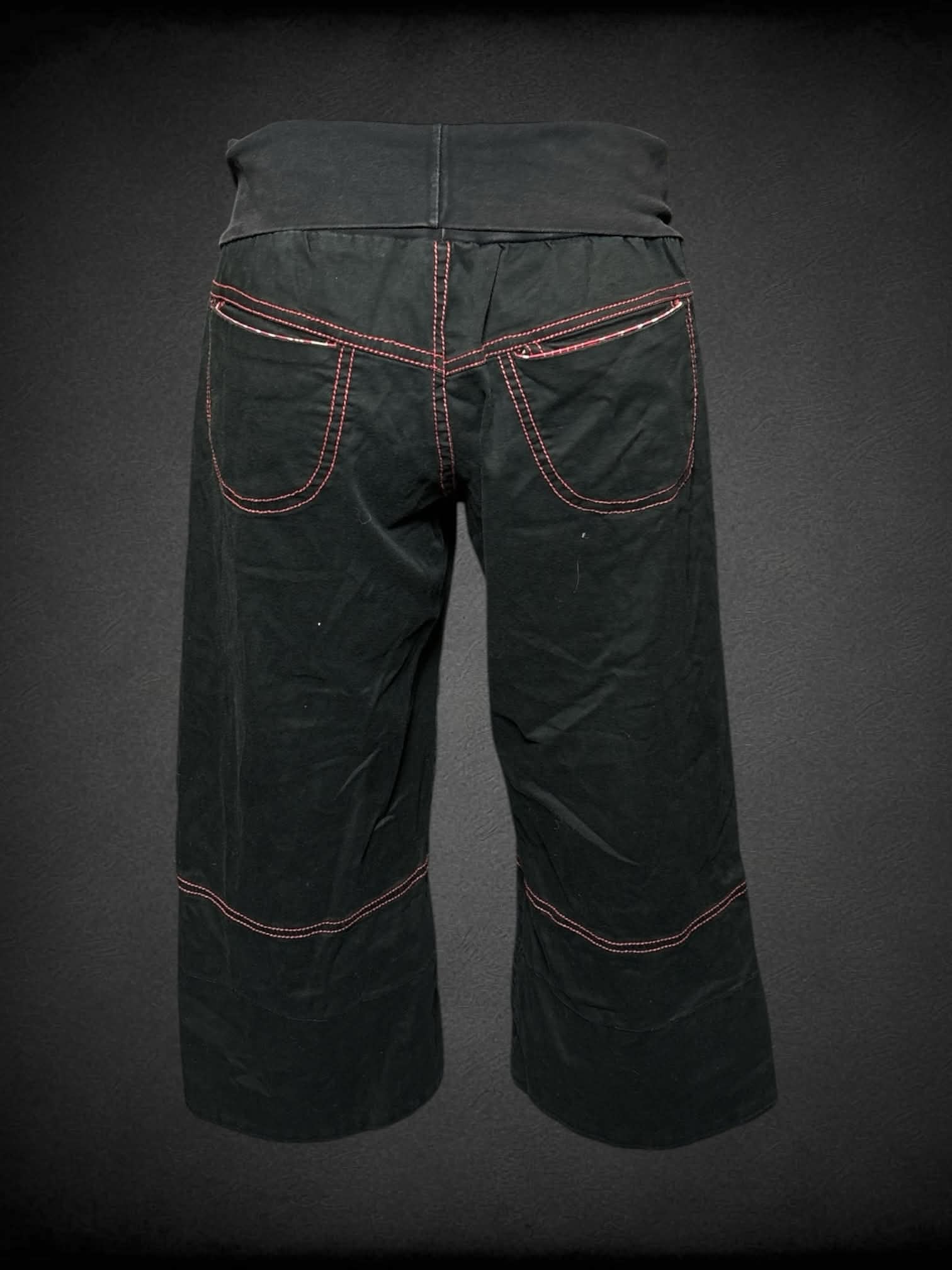 M black capri pants with red stitching, stretch waist and back pockets