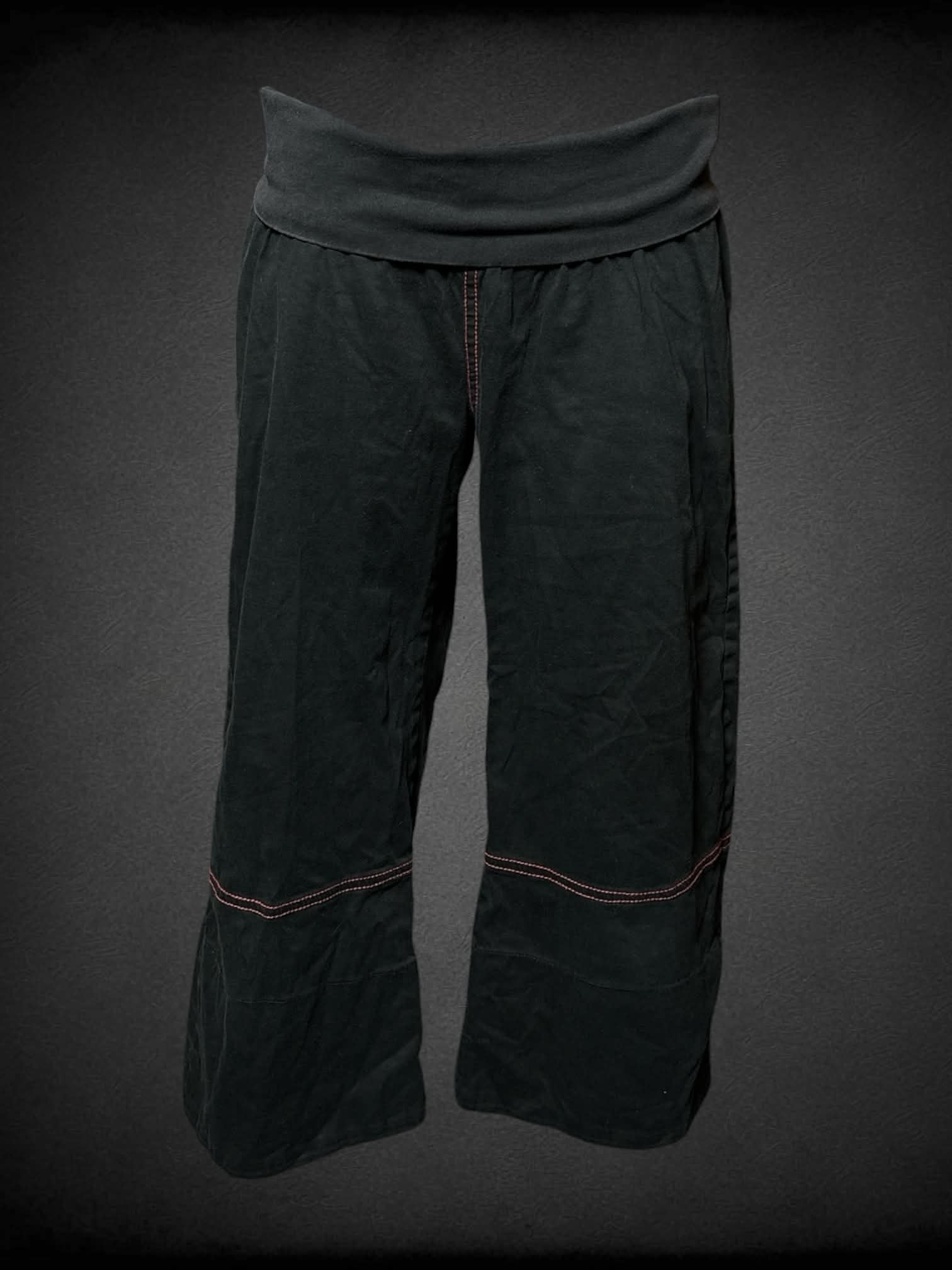M black capri pants with red stitching, stretch waist and back pockets