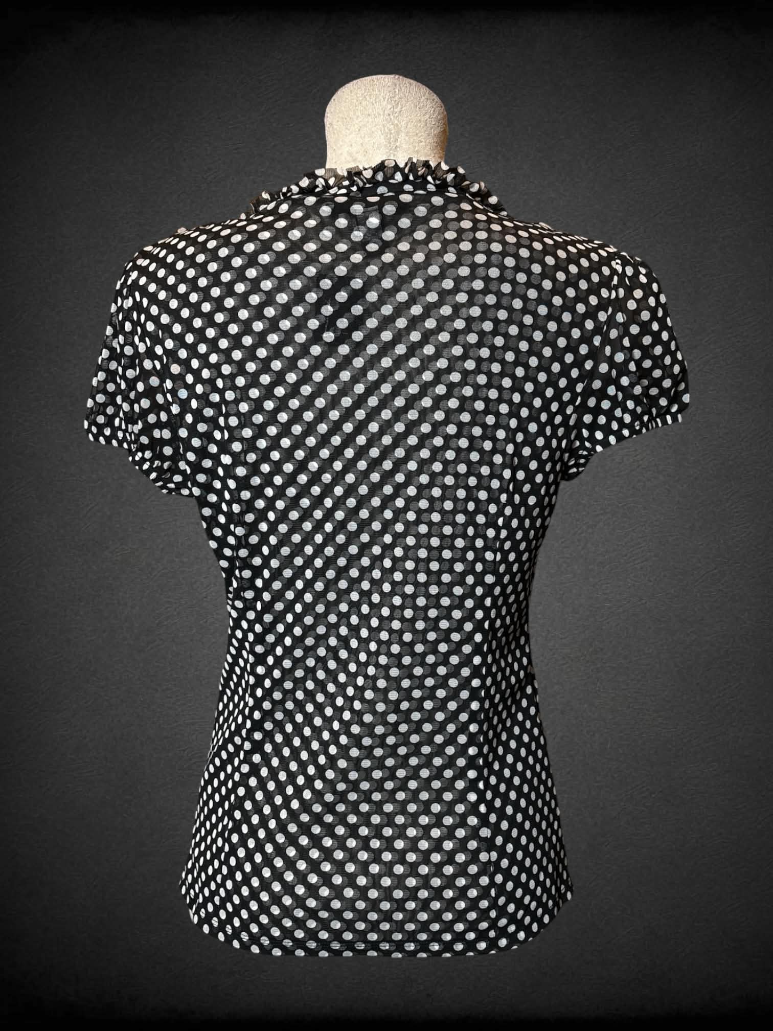 L International Concepts black sheer button-up blouse with white polka dot pattern, and ruffles on front