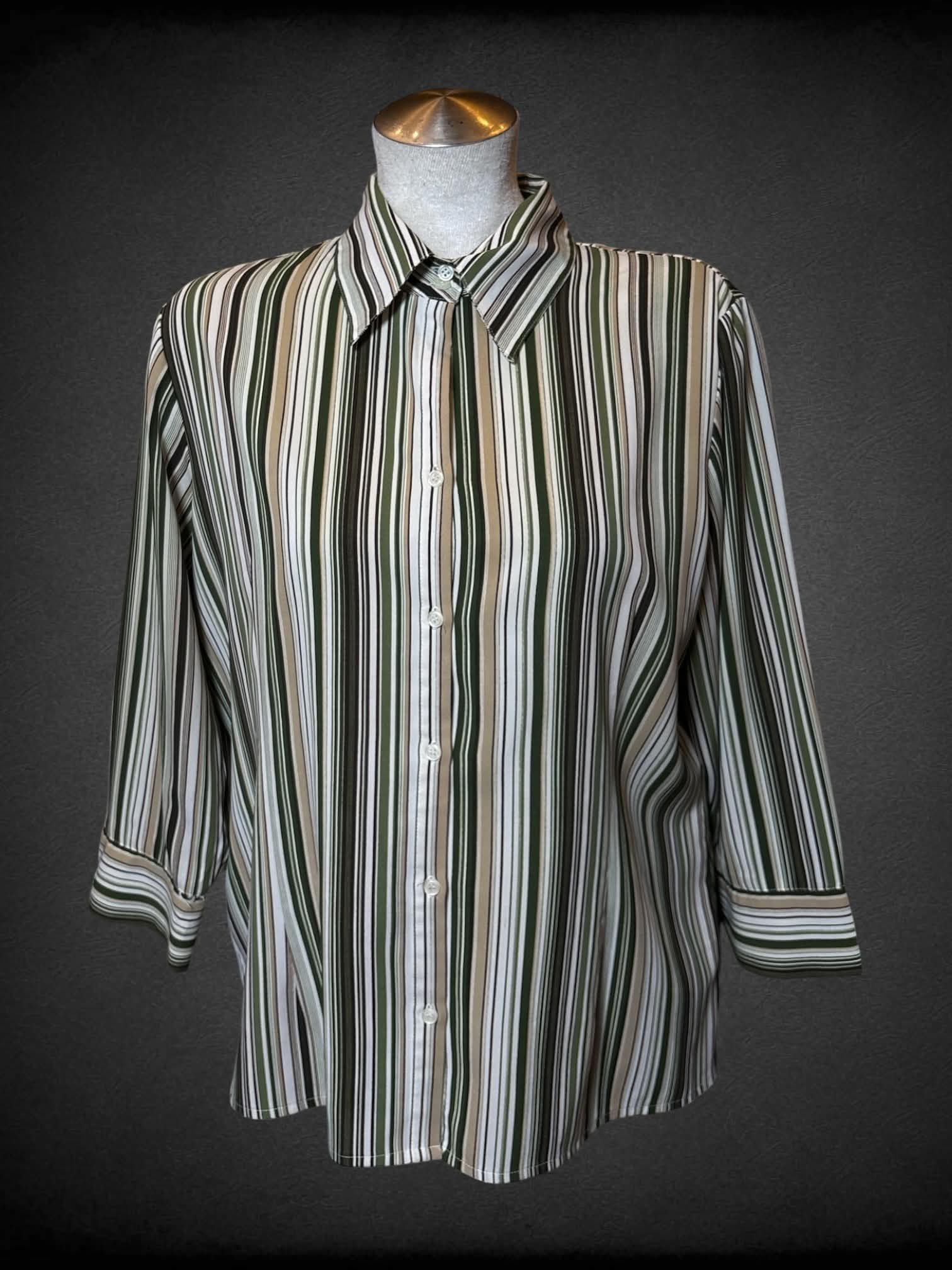 L Croft & Borrow beige button up shirt with green & brown stripes