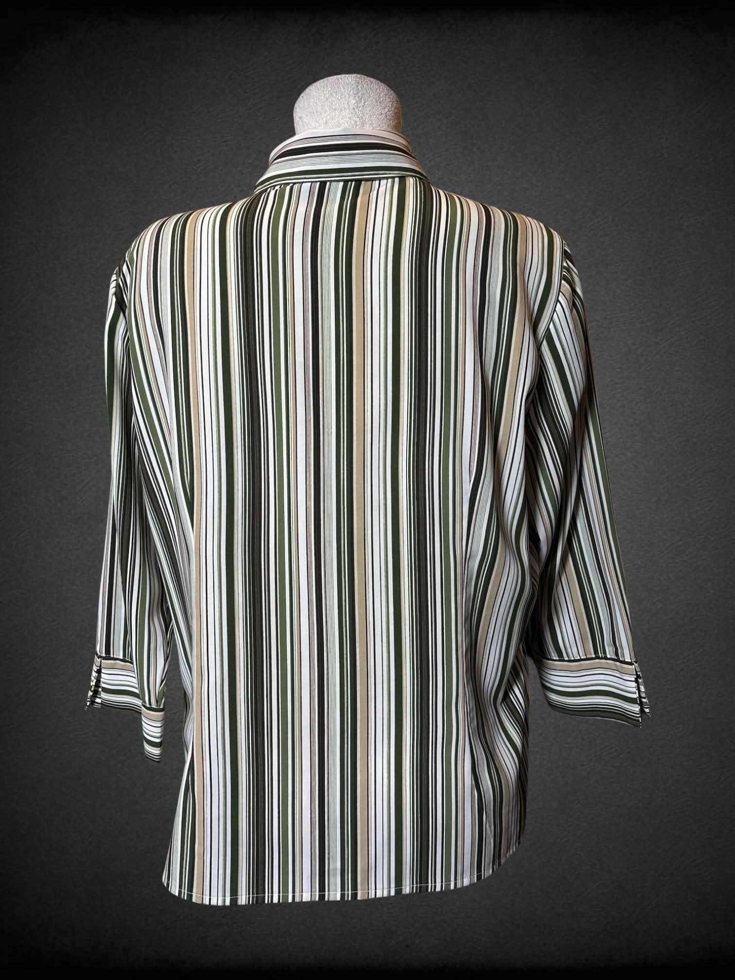 L Croft & Borrow beige button up shirt with green & brown stripes
