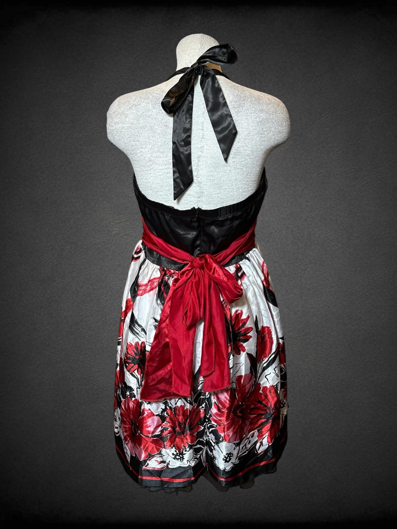 L Three Pink Hearts Trixxie vintage black & white dress with red floral design, ribbon tie waist and zipper on back