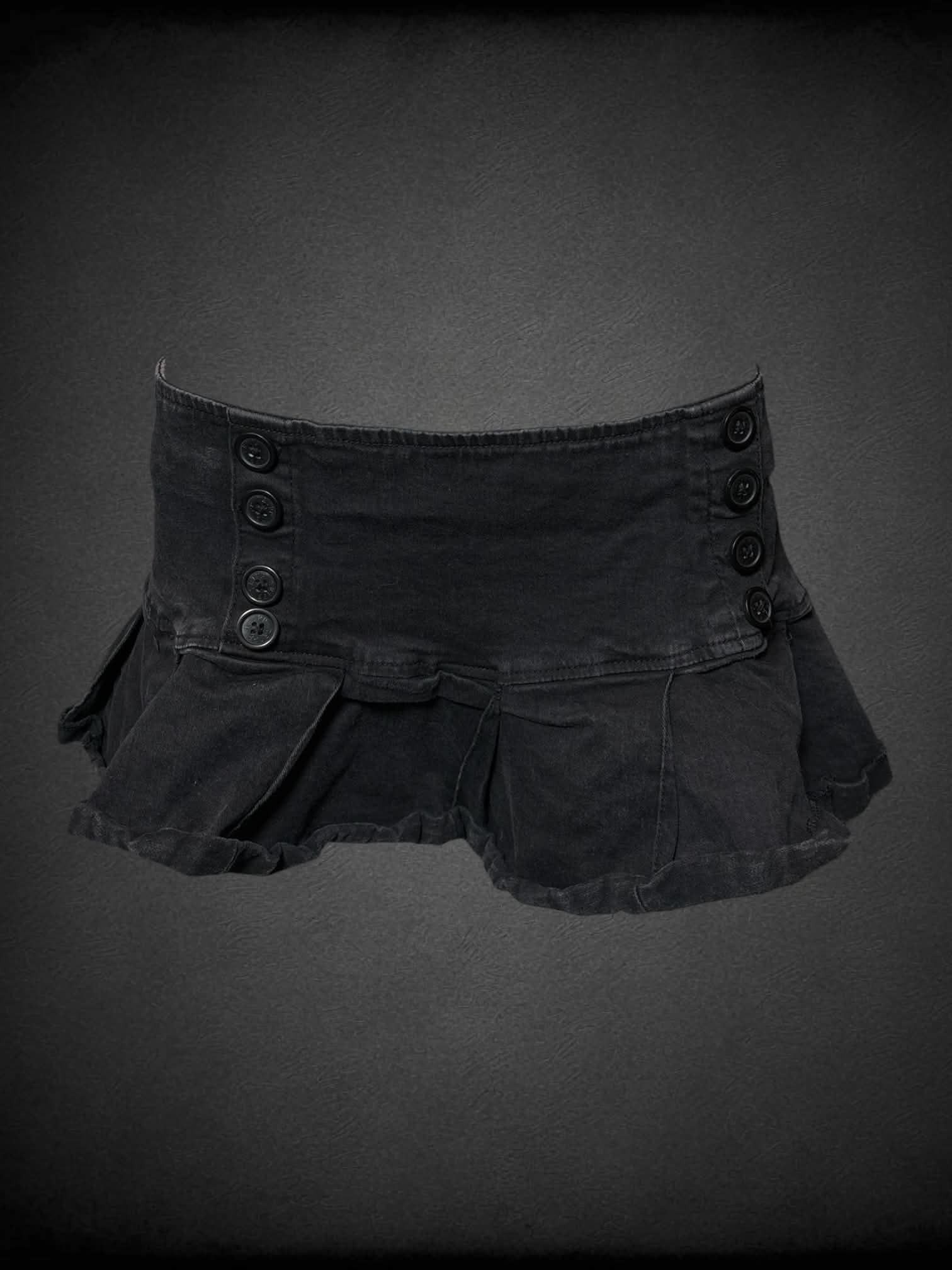 L Tripp NYC black mini skirt with decorative buttons on front, and zipper on back