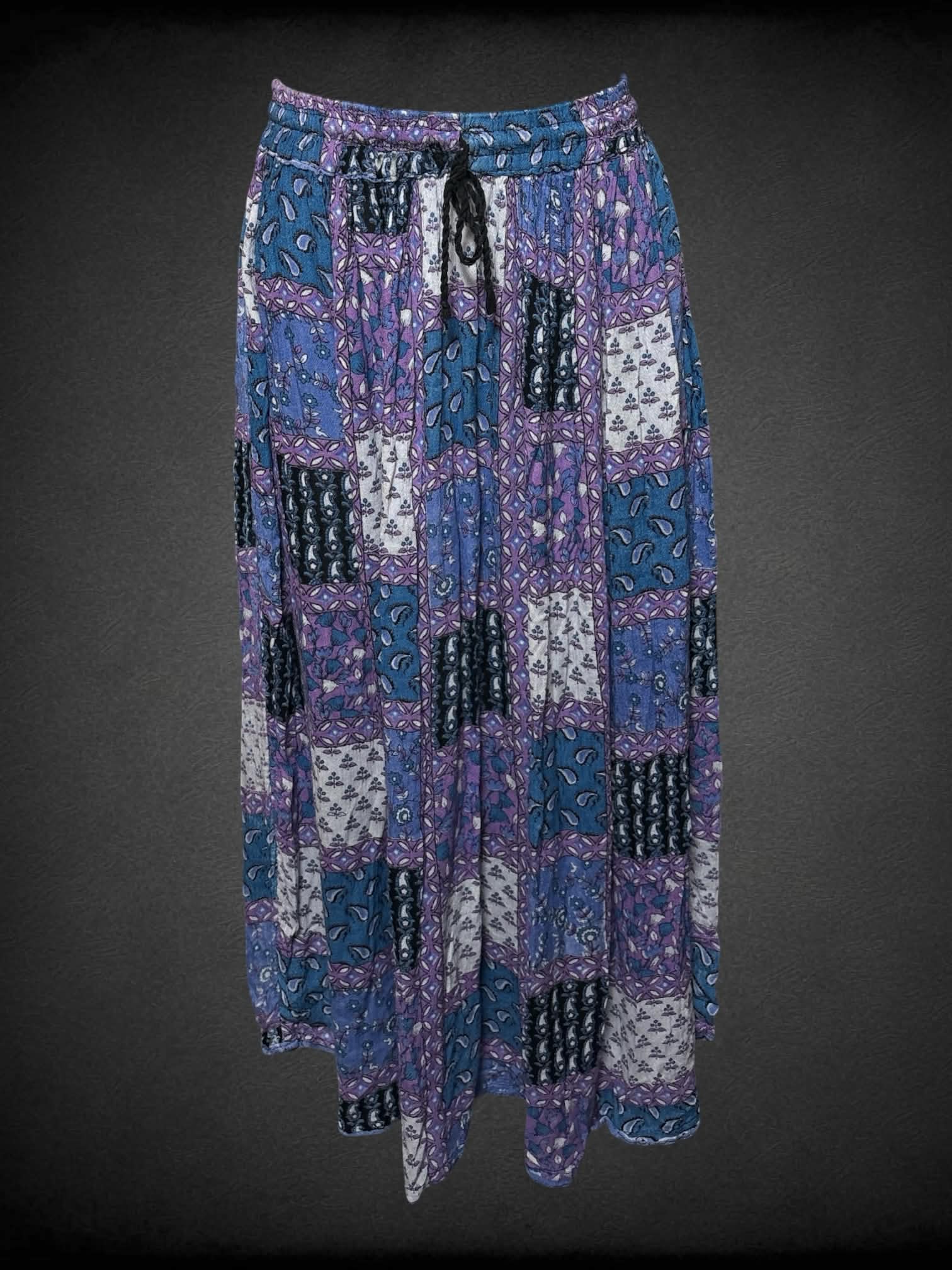 L Cute Options vintage purple & blue skirt with quilt-like paisley pattern and stretch waist