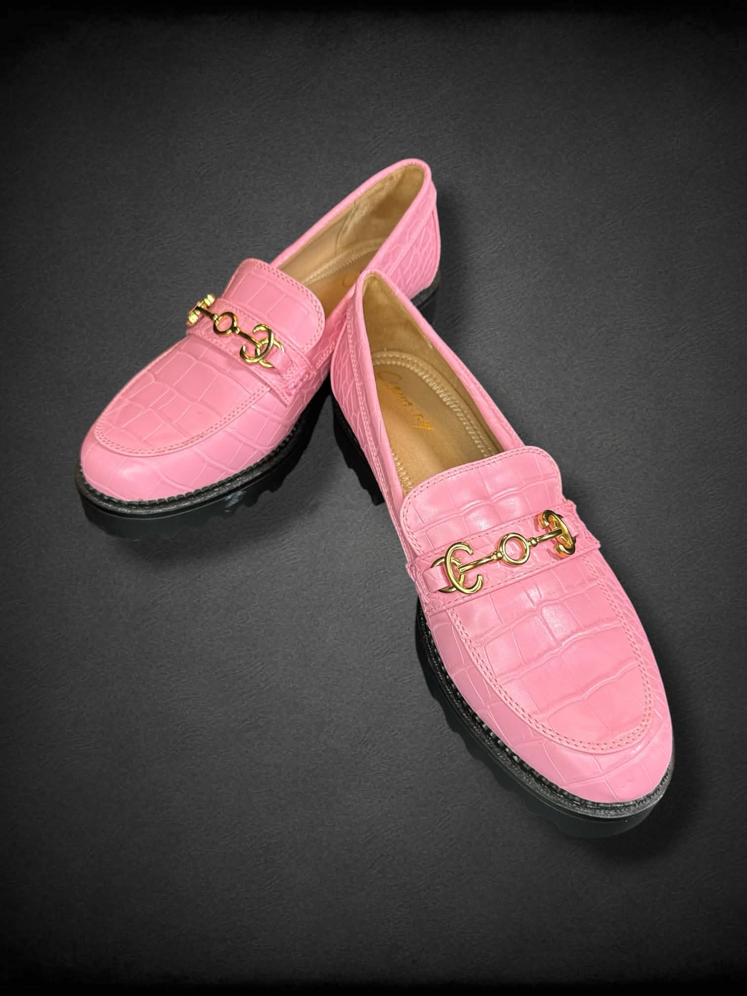Size 10 Women Circus NY pink snake pink pleather platform loafers with gold metal details