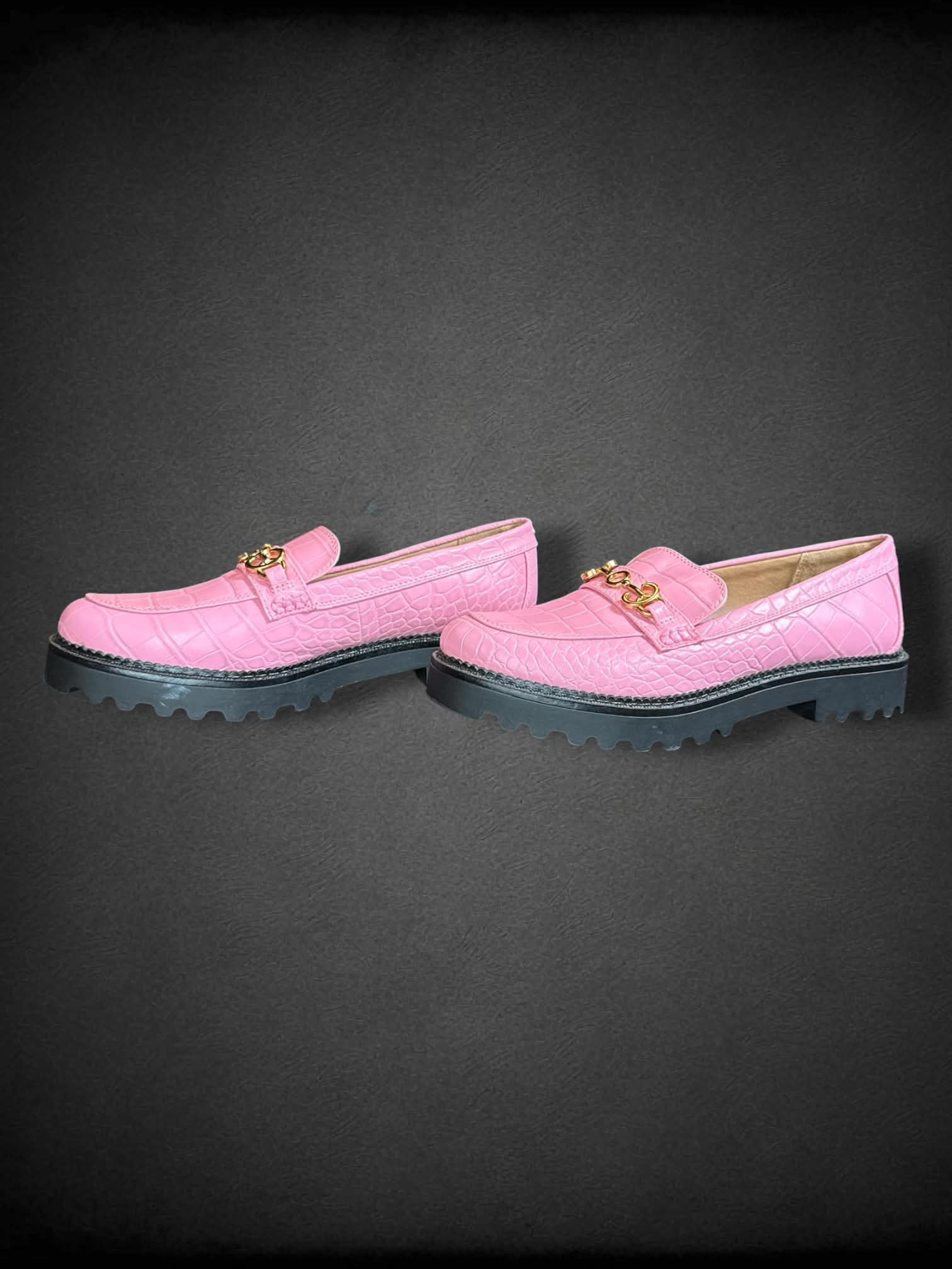 Size 10 Women Circus NY pink snake pink pleather platform loafers with gold metal details