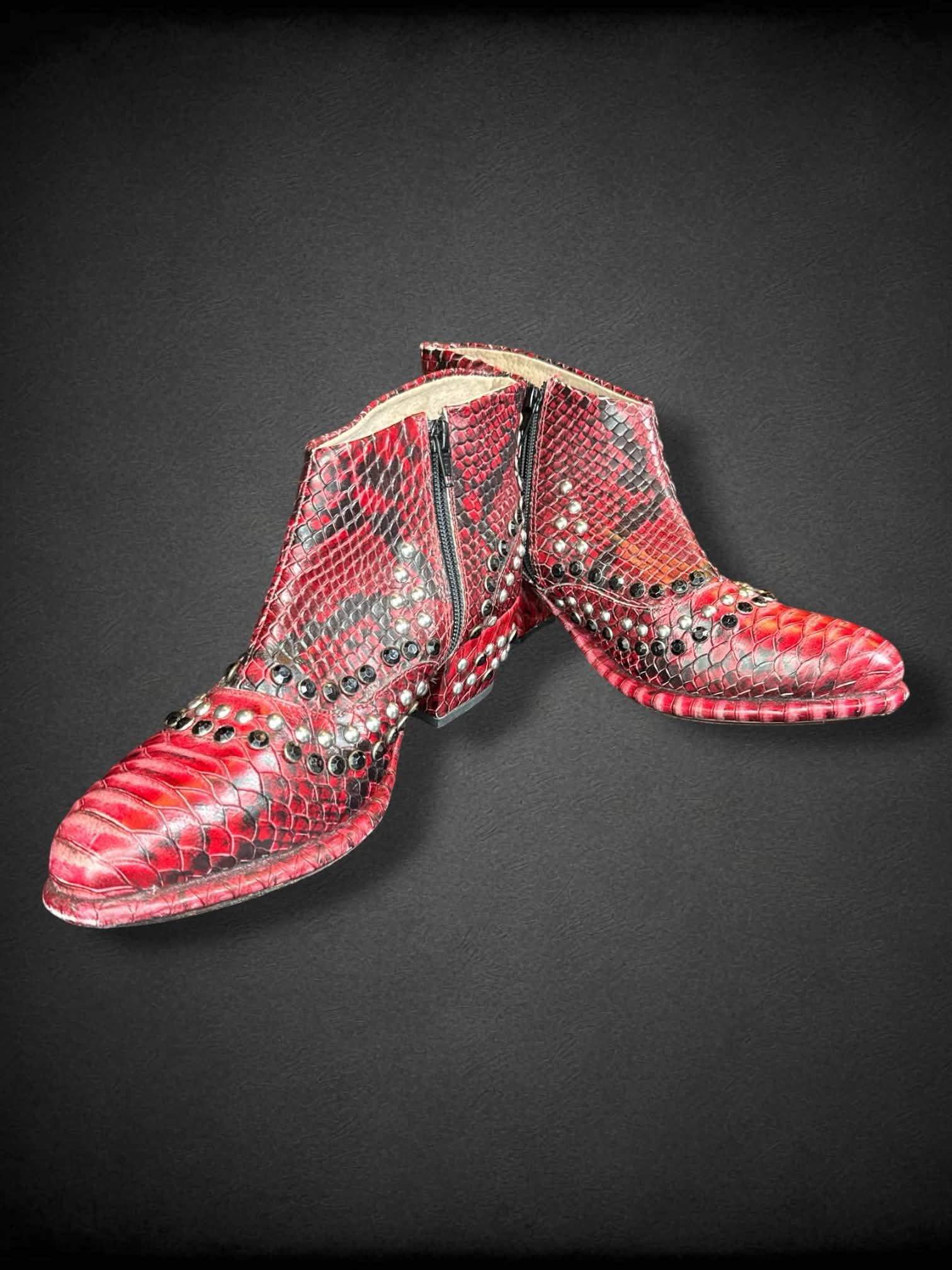 Size 41 Free People red pleather boots with zippers on sides, and studs/bedazzling