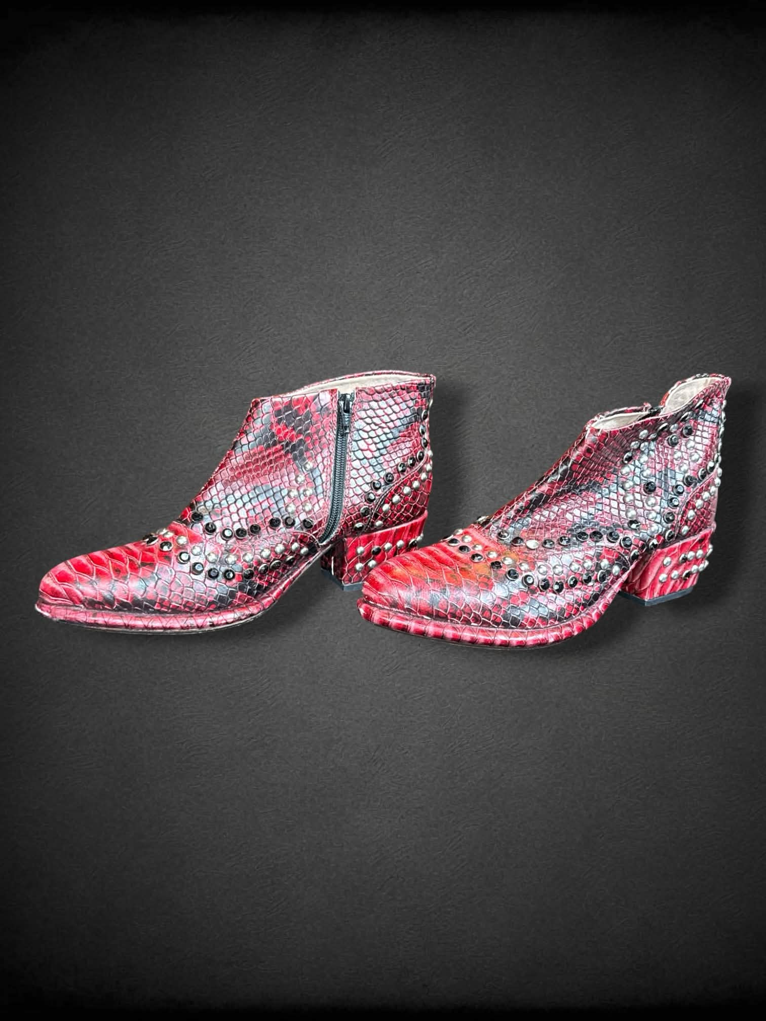 Size 41 Free People red pleather boots with zippers on sides, and studs/bedazzling
