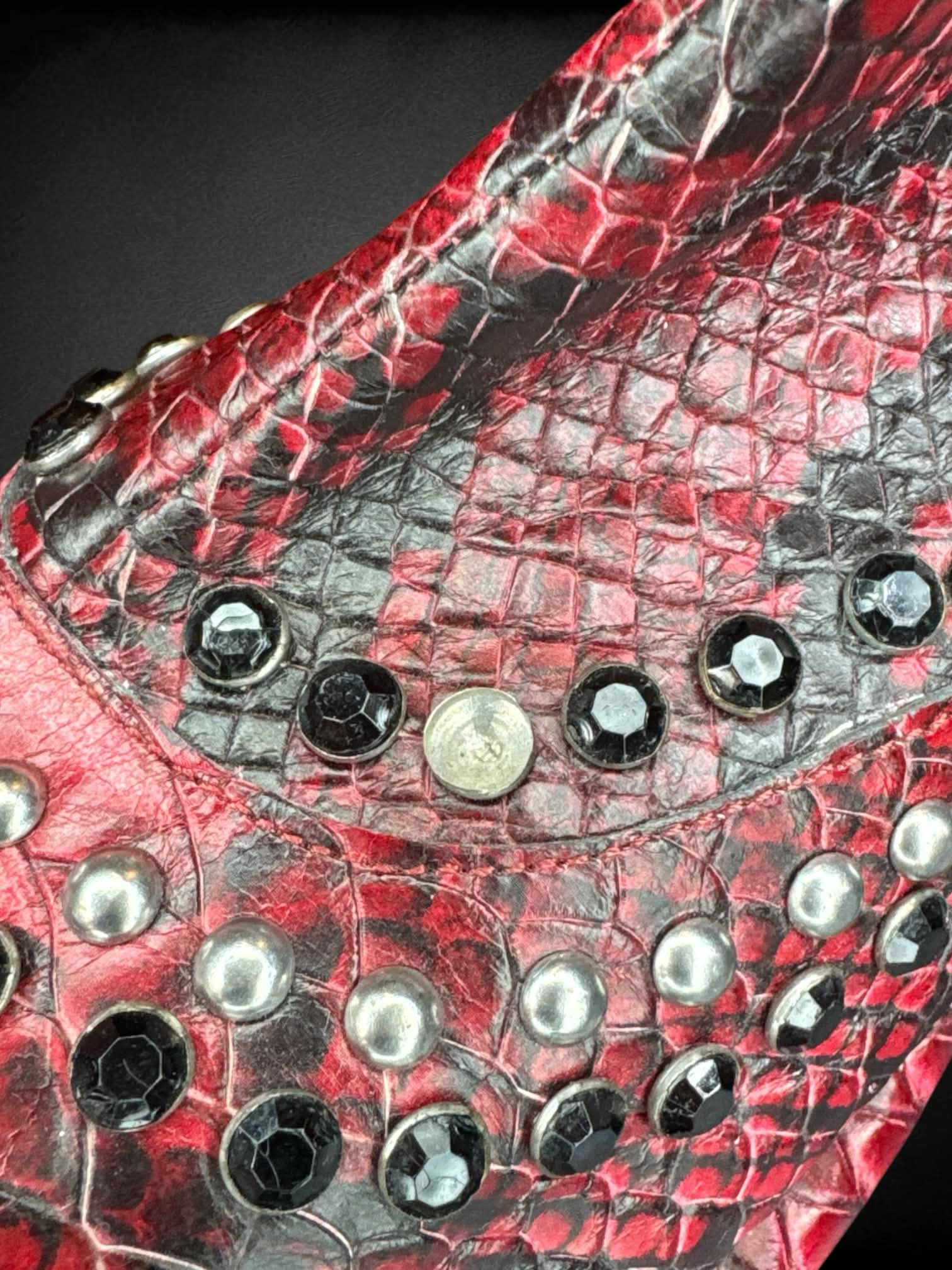 Size 41 Free People red pleather boots with zippers on sides, and studs/bedazzling