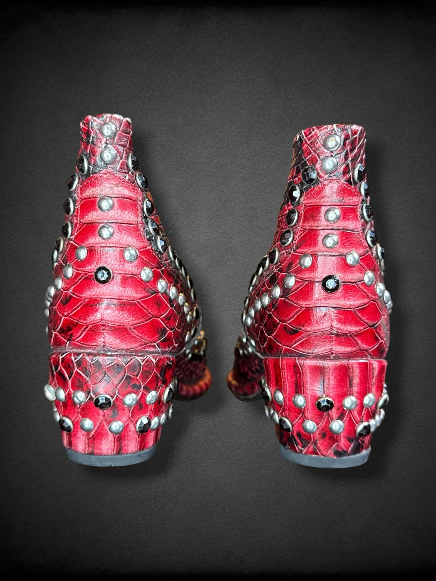 Size 41 Free People red pleather boots with zippers on sides, and studs/bedazzling