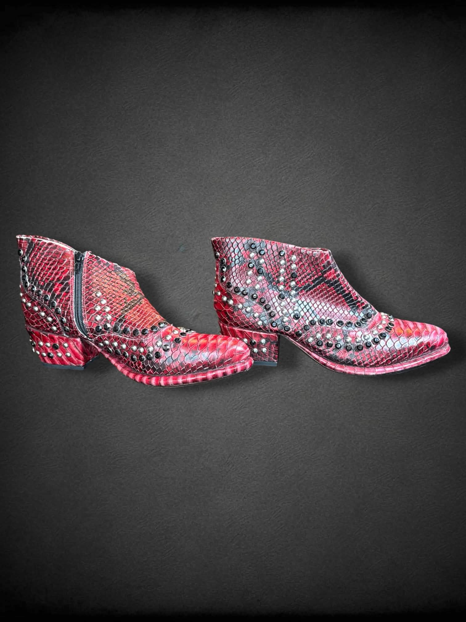 Size 41 Free People red pleather boots with zippers on sides, and studs/bedazzling