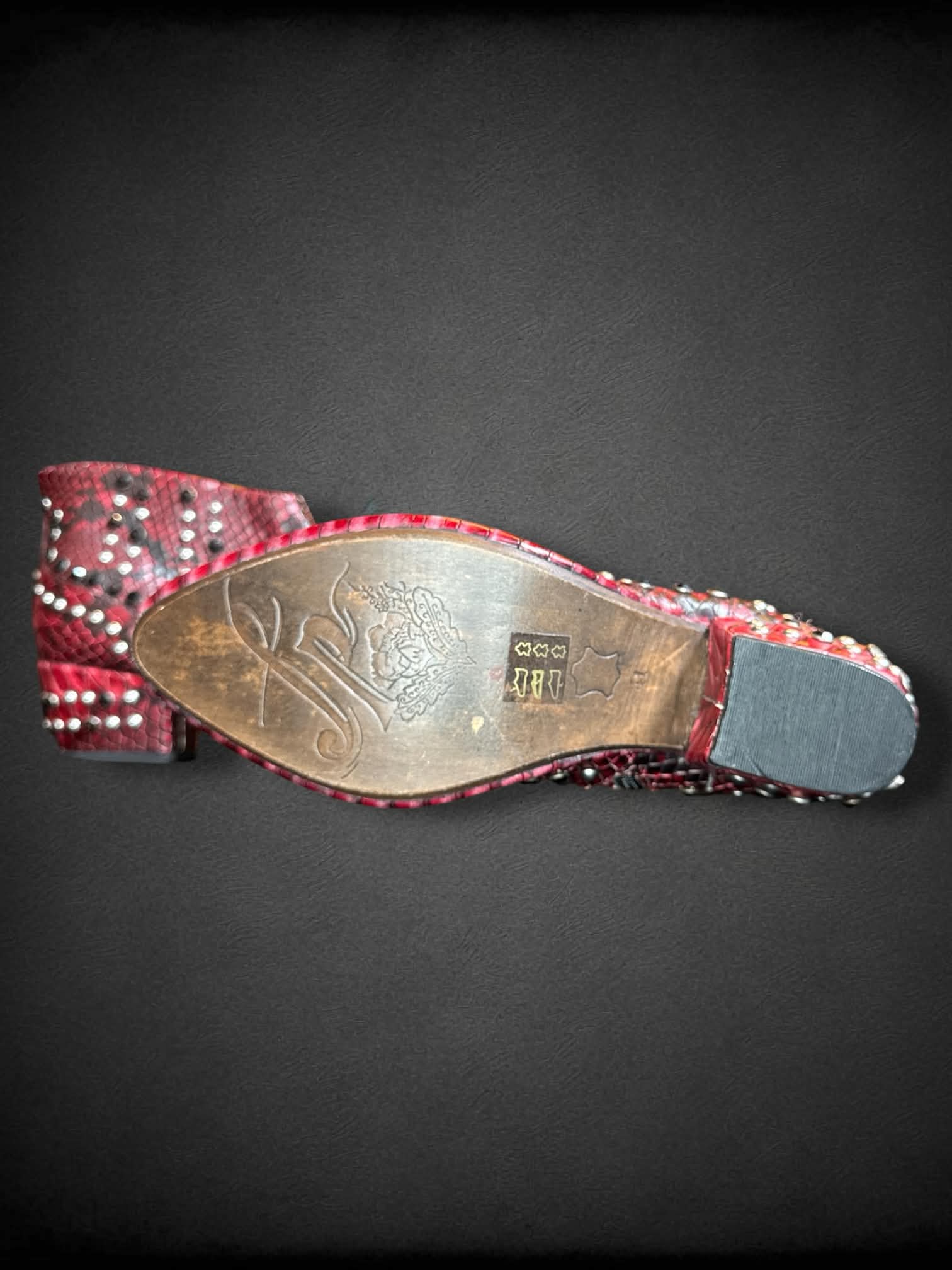Size 41 Free People red pleather boots with zippers on sides, and studs/bedazzling