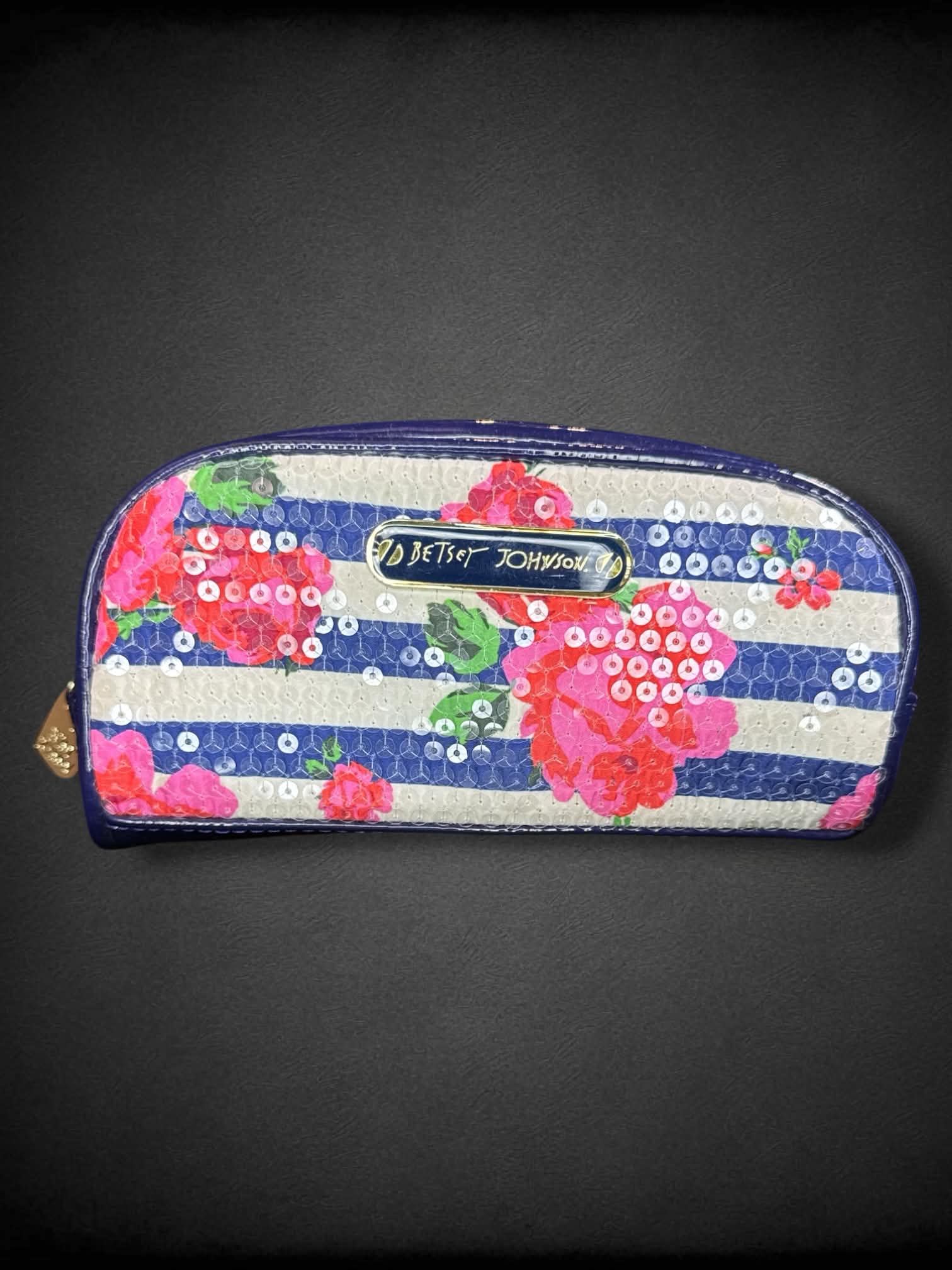 Betsy Johnson navy blue zipper clutch bag with striped floral sequin design