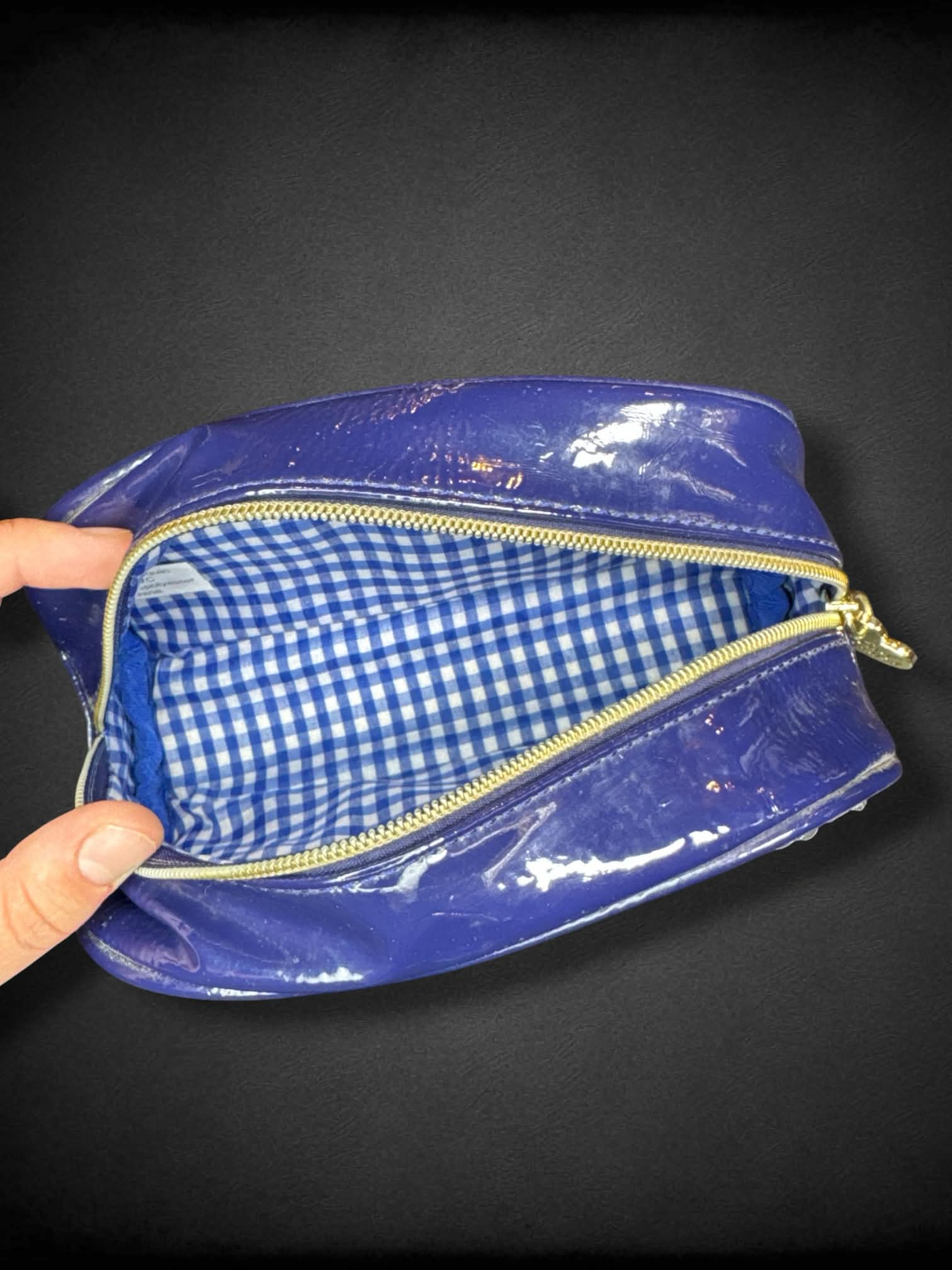Betsy Johnson navy blue zipper clutch bag with striped floral sequin design
