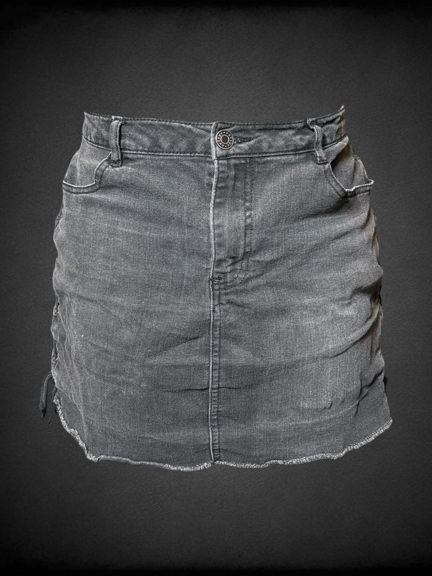 0X Refuge+ grey denim skirt with cross tie laces on sides