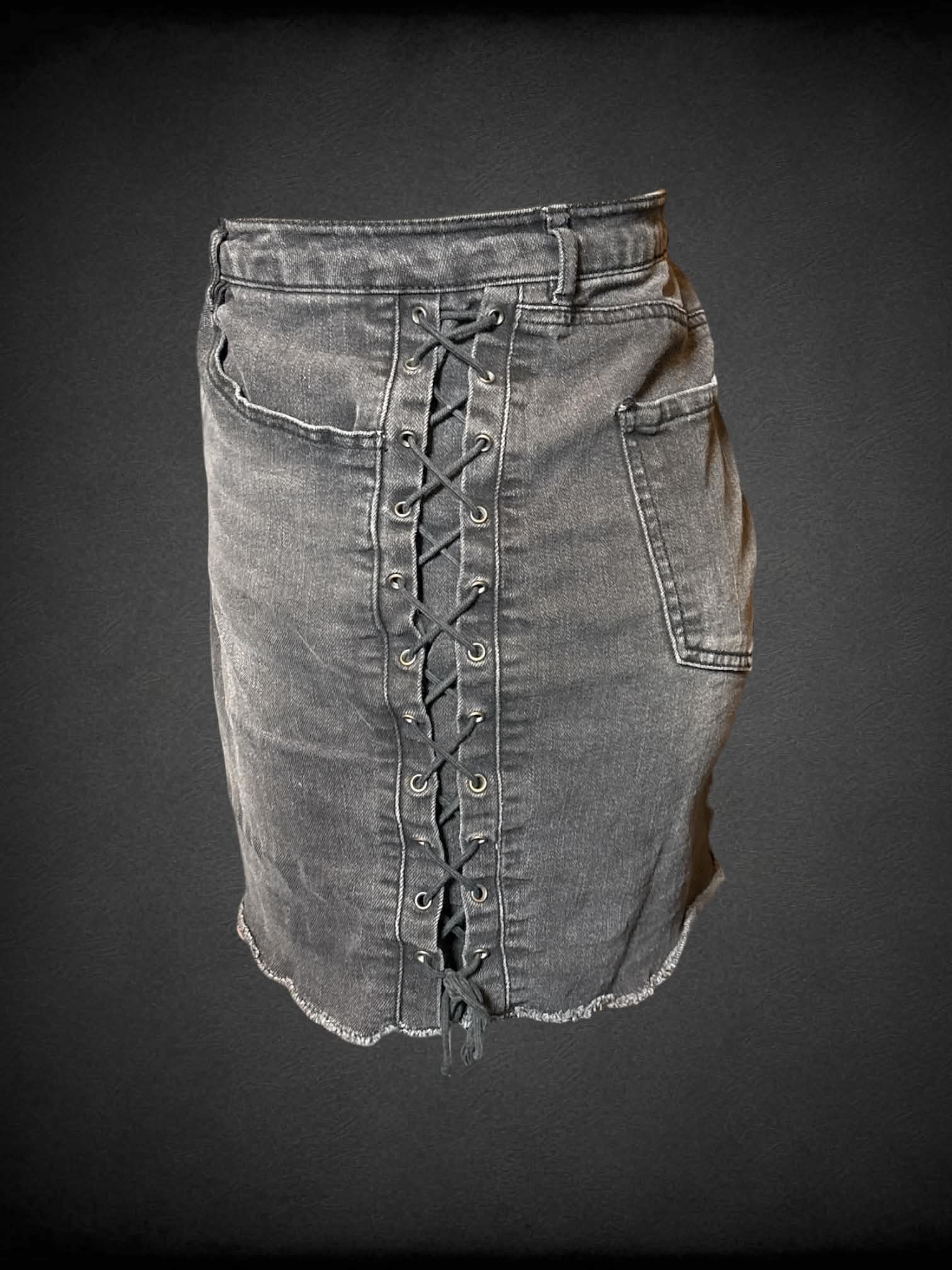 0X Refuge+ grey denim skirt with cross tie laces on sides
