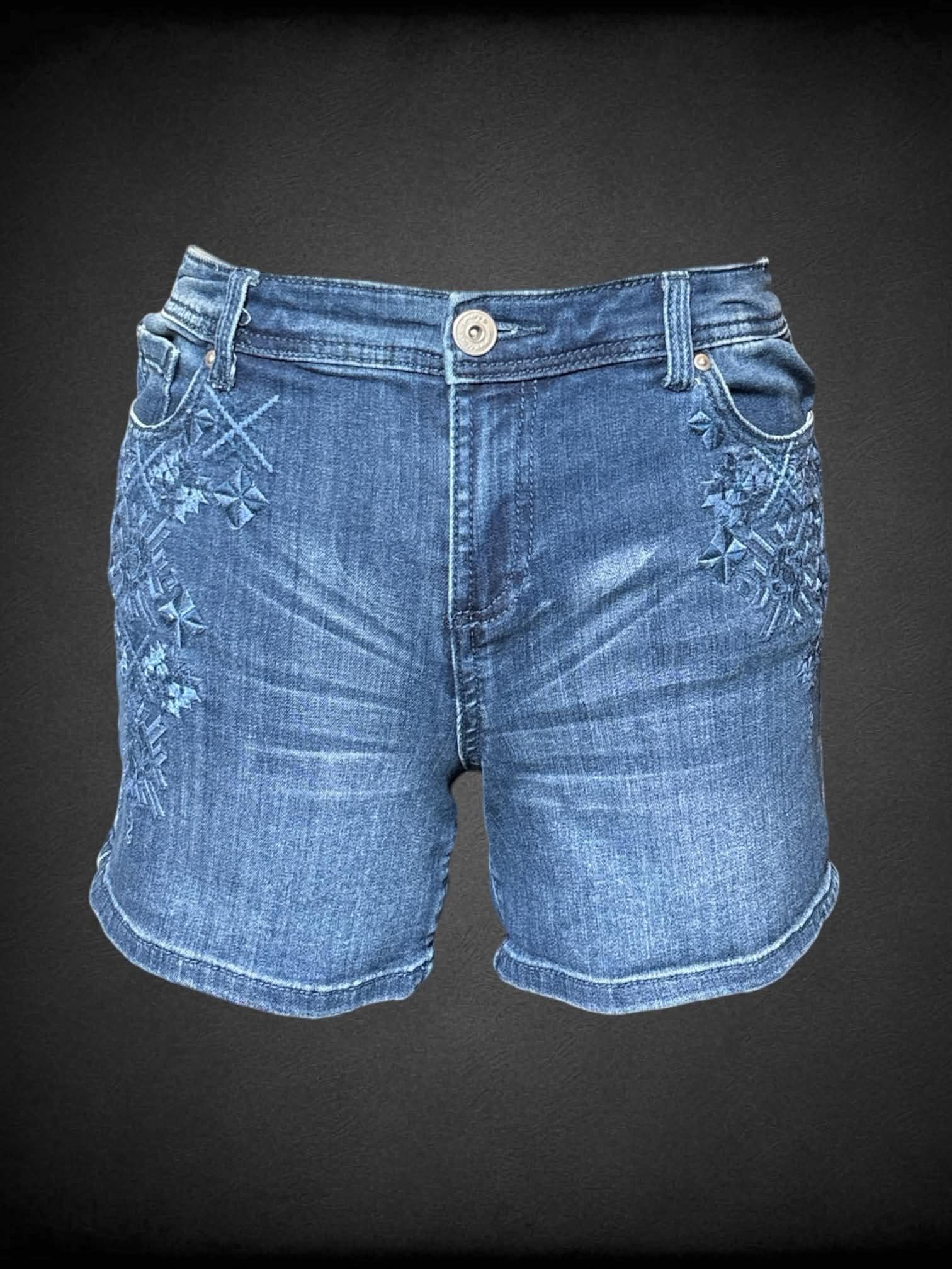 XL Inc Denim blue denim shorts with embroidered ornamental design on front