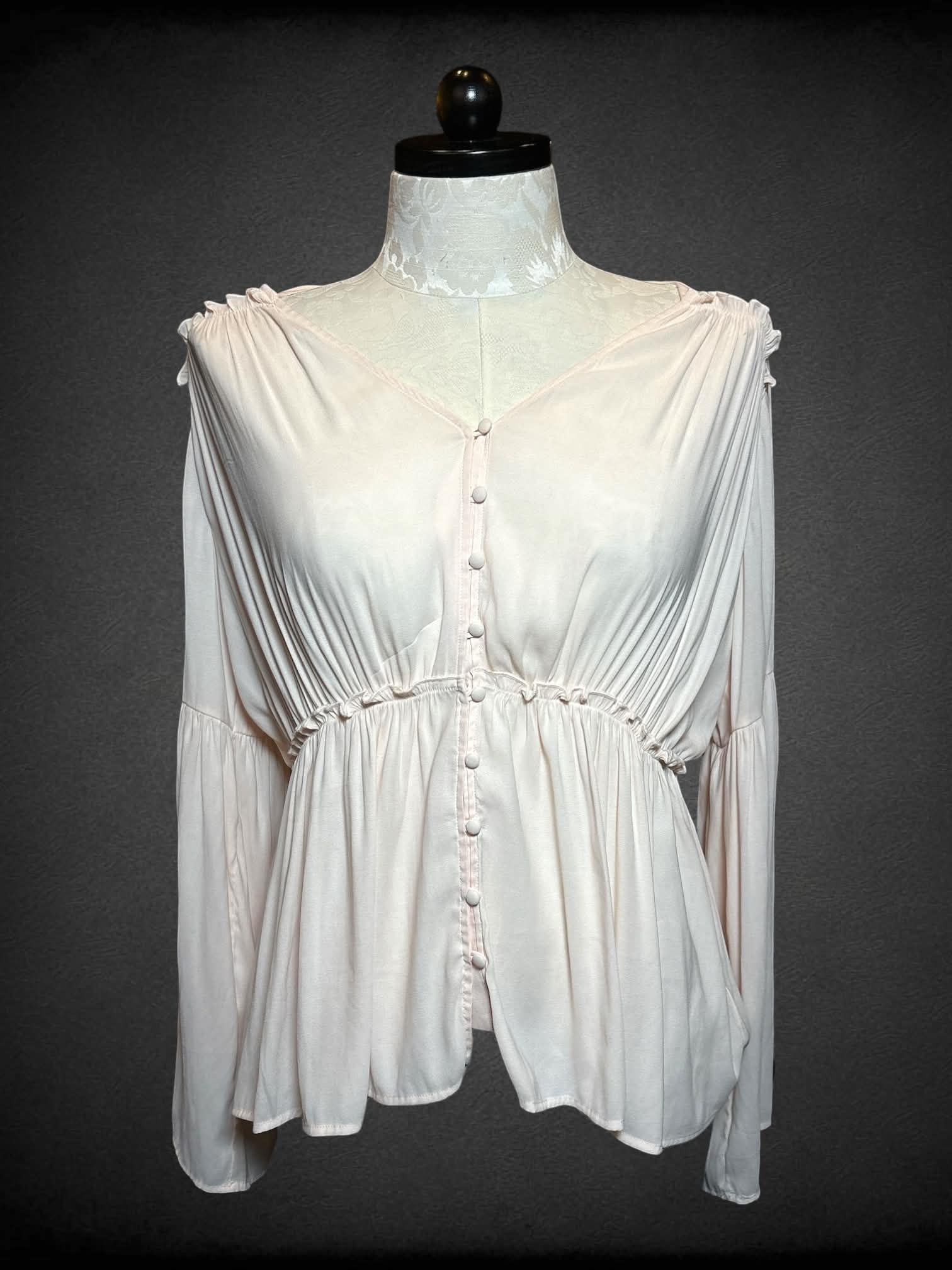 XL Ro & De light pink flowy sheer button-up top with ruffle seem
