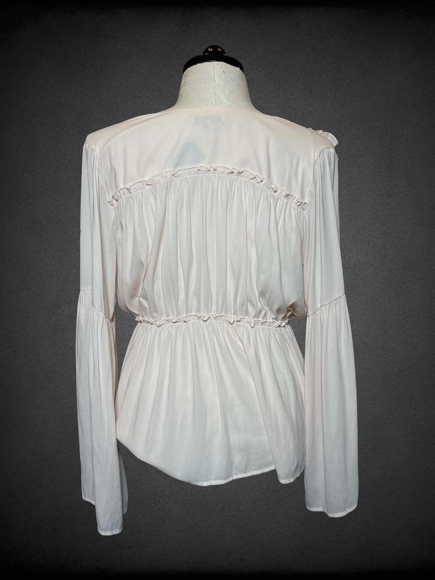 XL Ro & De light pink flowy sheer button-up top with ruffle seem