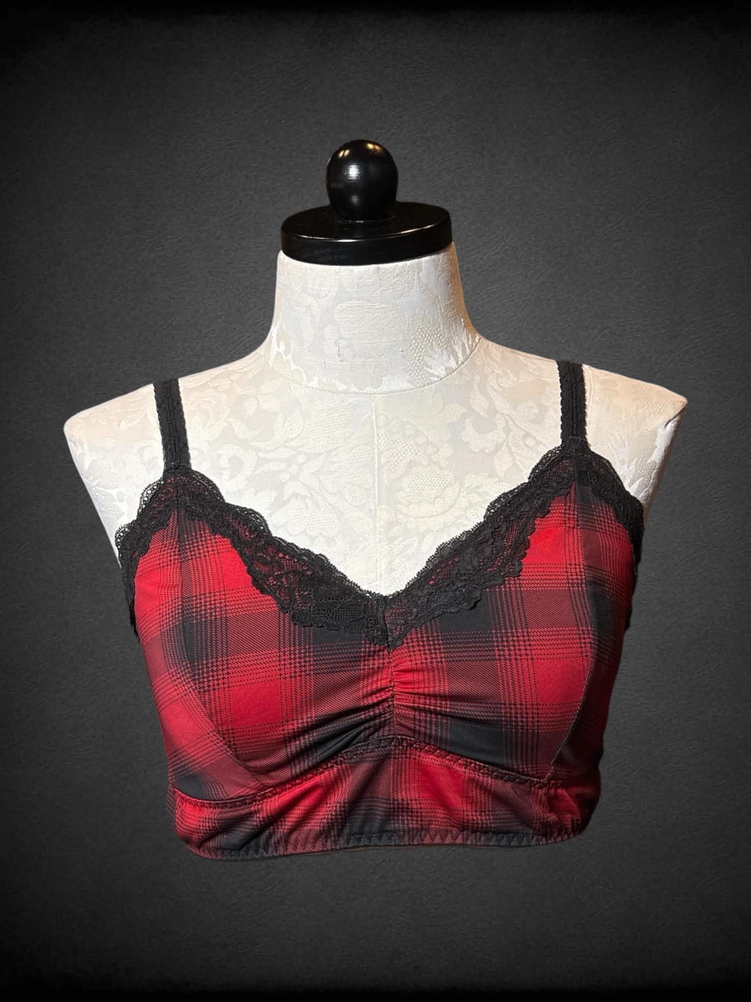 0X Torrid red & black gingham bralette with lace trim