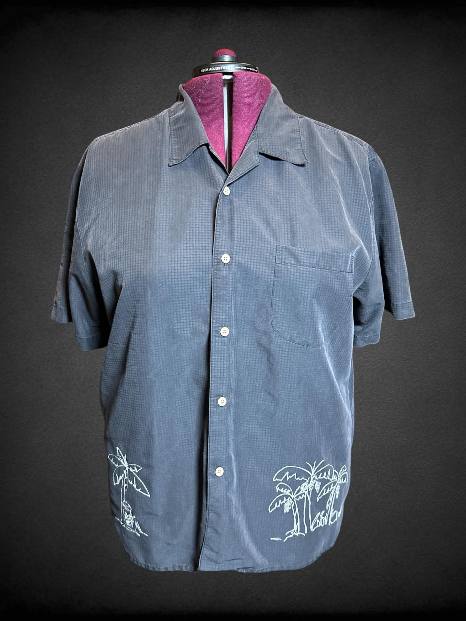 2X Natural Issue vintage grey waffle weaved short sleeve button up with white tropical embroidery on bottom