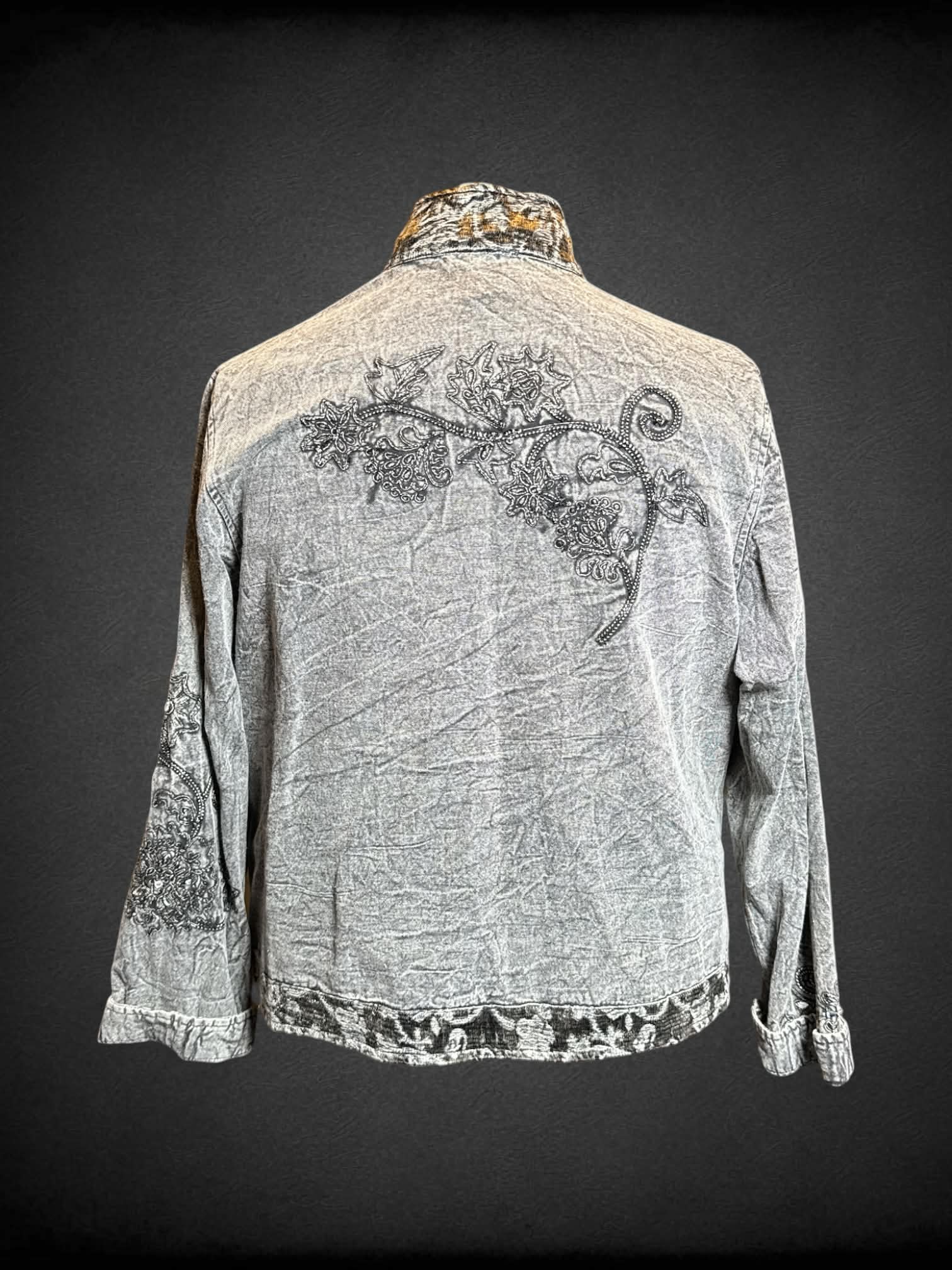 2X Flashback vintage grey washed denim button up jacket with iridescent bedazzling, pockets, and embroidery